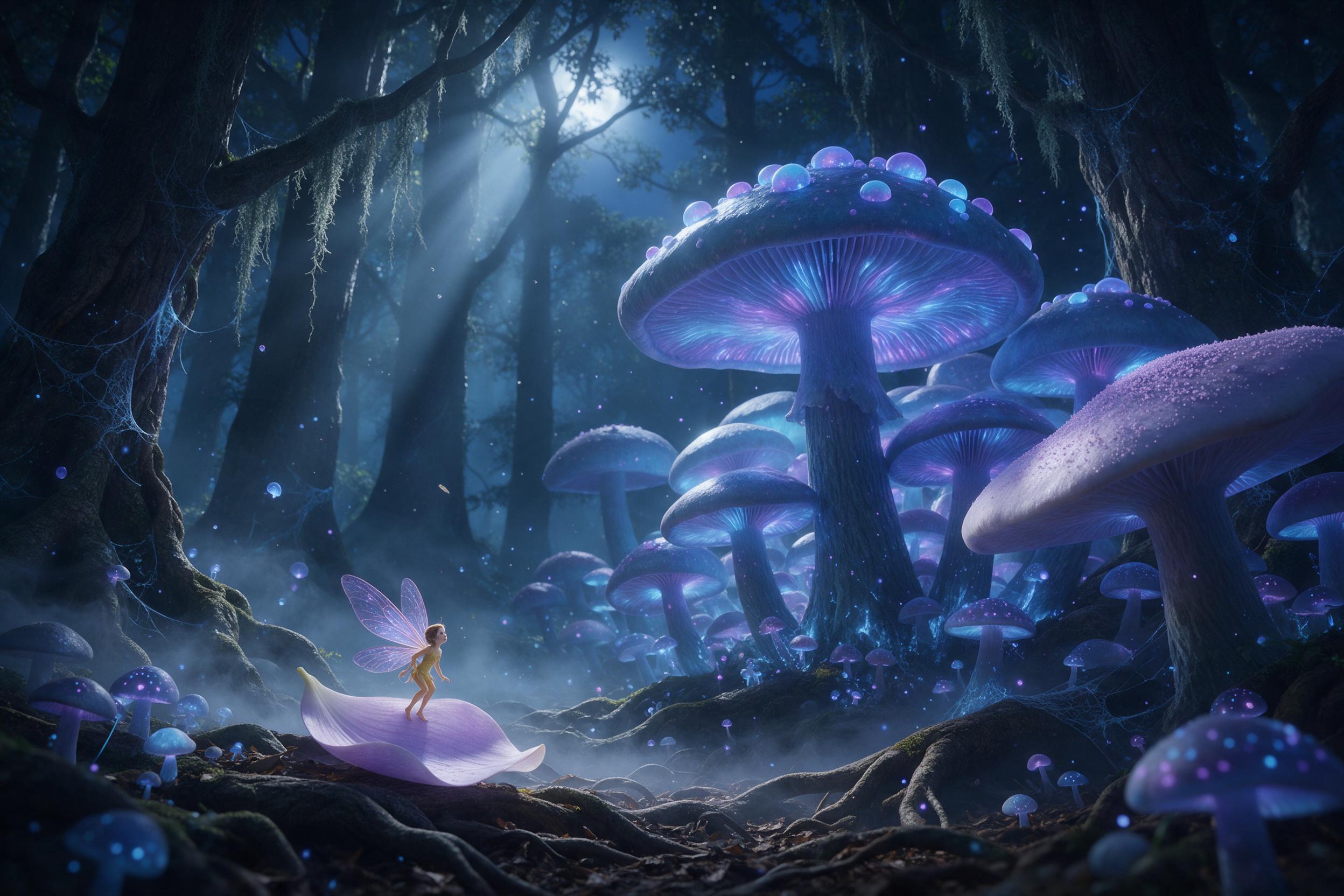 A misty ancient forest with colossal bioluminescent mushrooms casting soft blue and violet light, a tiny fairy with translucent wings perched on a petal, ethereal fog weaving between gnarled roots, moonbeams piercing the canopy, dreamy atmosphere, cinematic depth