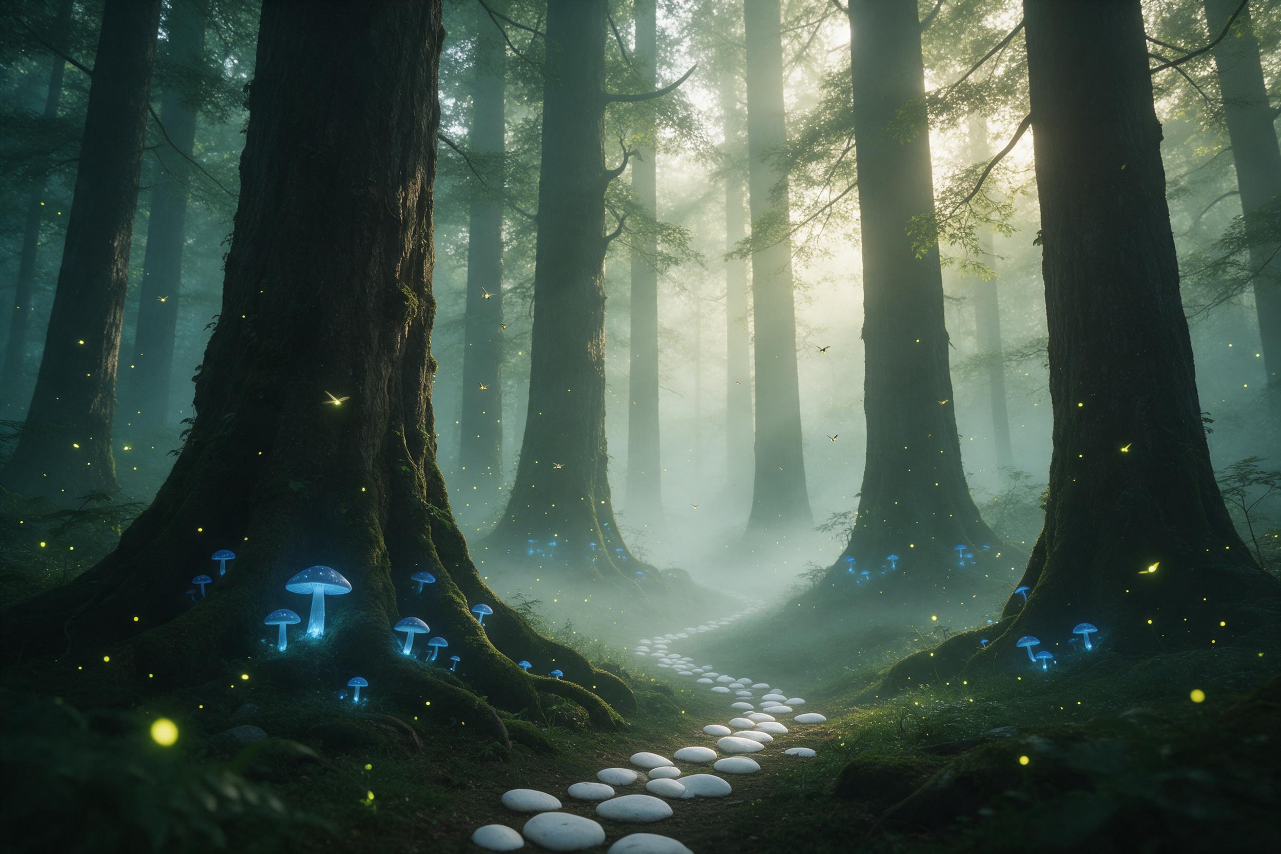 A misty emerald forest at dawn, towering ancient trees with glowing blue mushrooms at their roots, a winding path of white stones disappearing into fog, soft golden sunlight filtering through canopy, fireflies dancing in the air, ethereal atmosphere, muted earthy tones with luminous accents