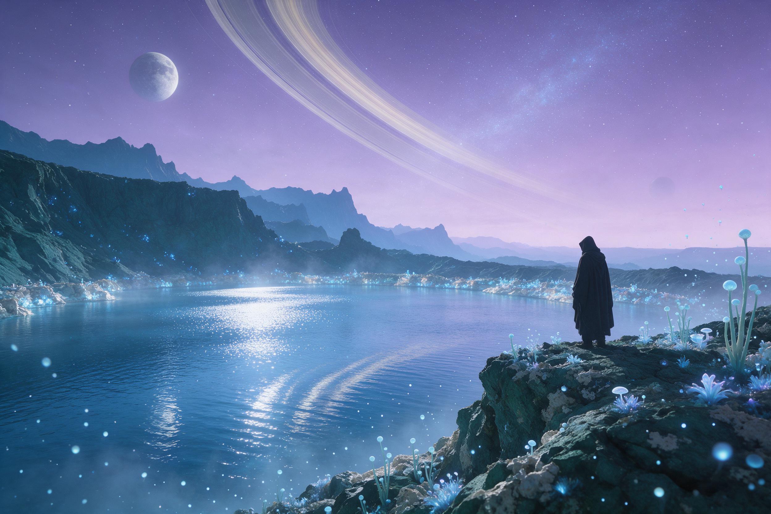 A moonlit crater lake on a distant planet, shimmering cerulean water reflecting twin rings and a lavender sky, luminescent flora along the rocky shore, soft mist rising, a lone hooded traveller silhouette on a cliff edge viewing the scene, ethereal light from floating spores, wide-angle composition 