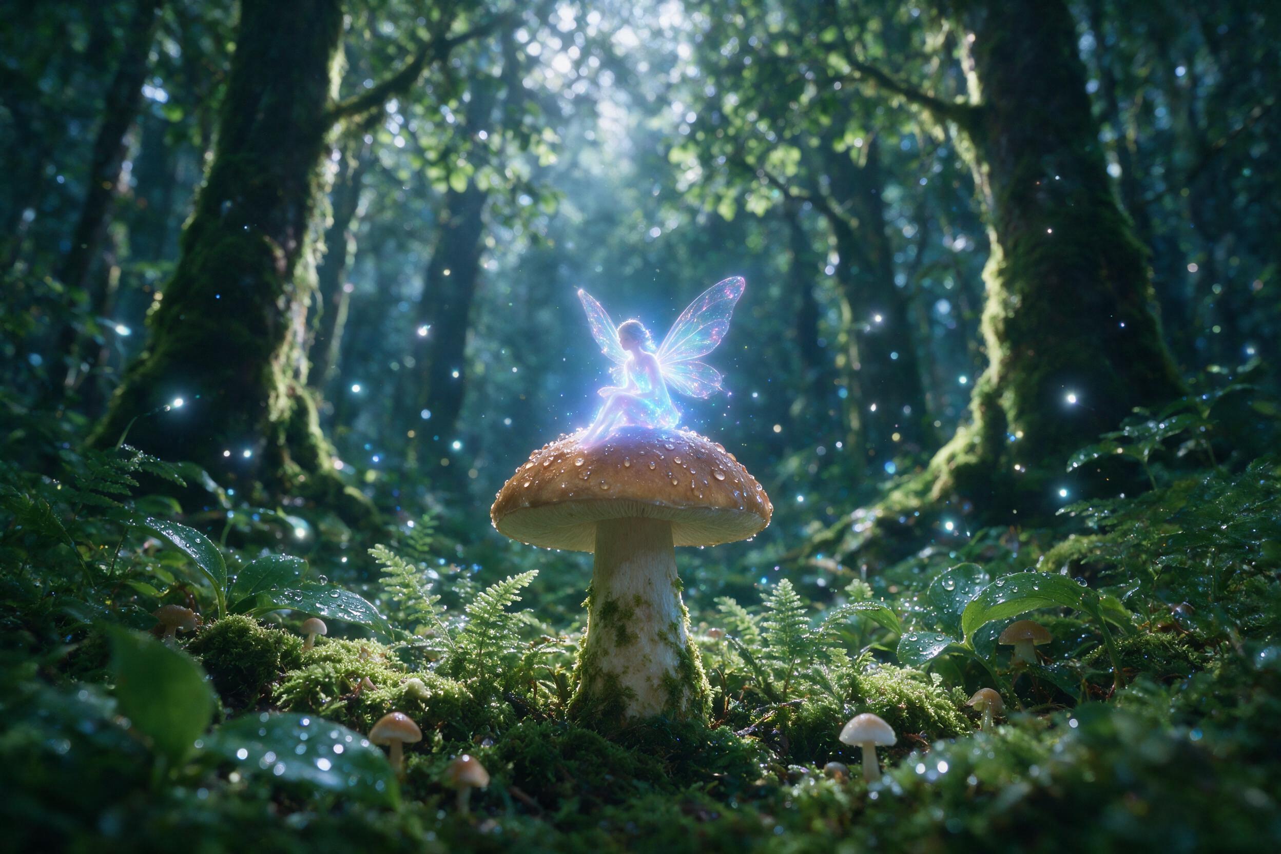 A glowing, translucent fairy with iridescent wings sits on a dew-covered mushroom in a moonlit forest. Soft bioluminescent blue and purple light emanates from the fairy, casting gentle shadows. Shallow depth of field blurs the background into a dreamy bokeh of fireflies and mossy trees.