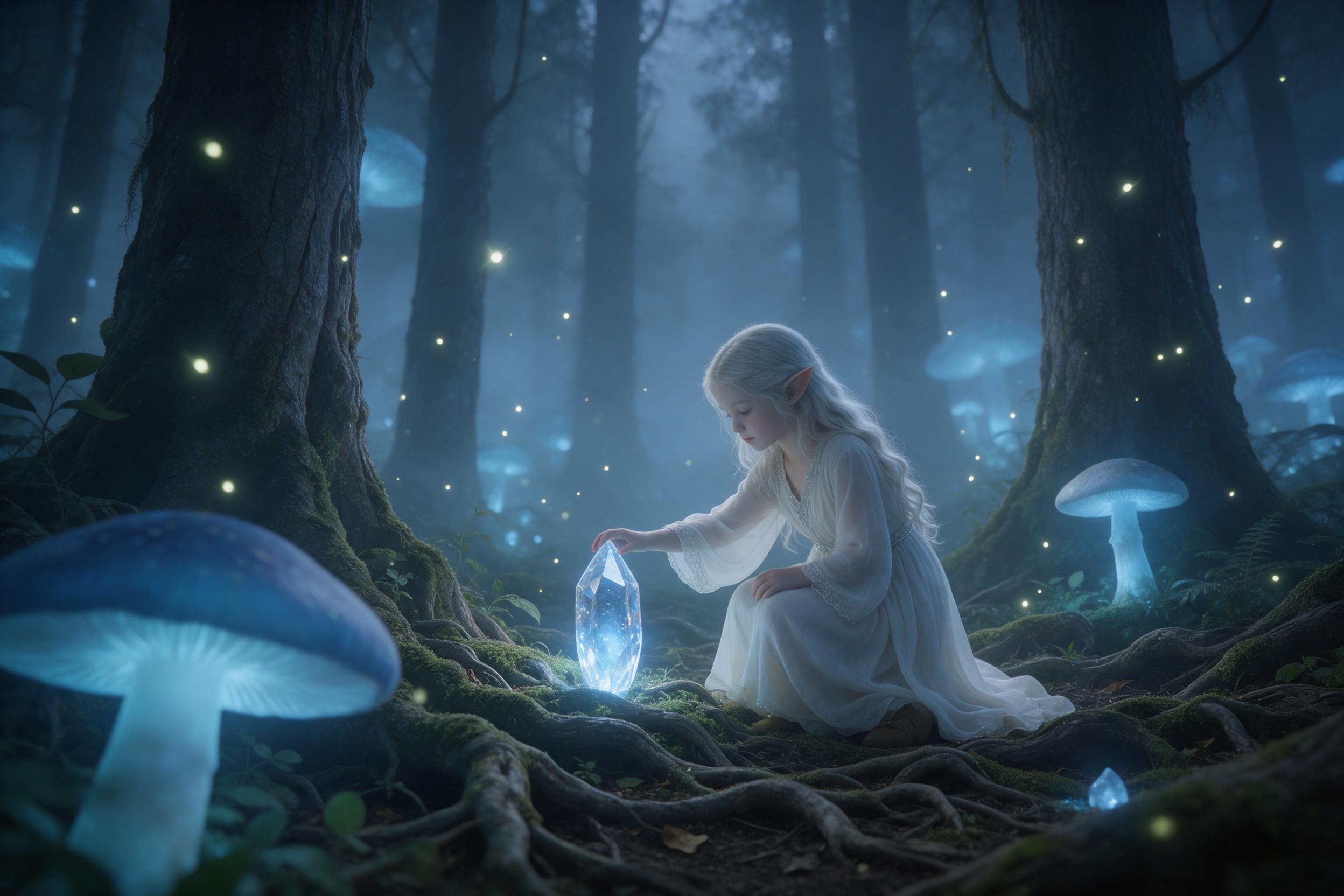 A misty ancient forest at twilight, giant bioluminescent mushrooms casting soft blue light on winding moss-covered roots, a silver-haired elven child in a flowing white robe kneeling to touch a glowing crystal, fireflies drifting through fog, cinematic wide shot with layered depth and gentle rim lig