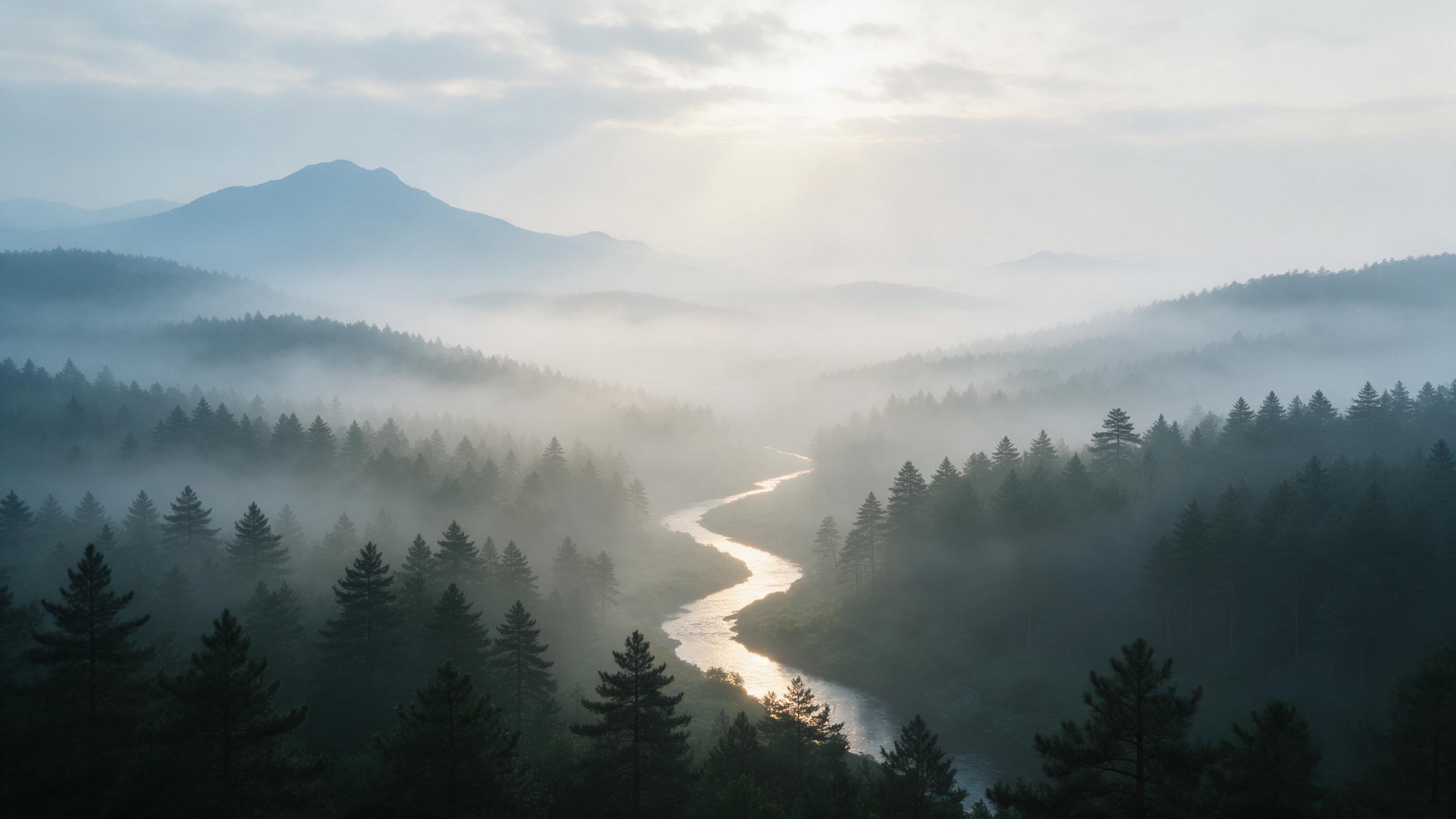 A misty mountain valley at dawn, layers of pine forests fading into soft fog, a narrow winding river catching golden light, distant peaks in pale blue silhouette, gentle sun rays breaking through clouds, cool morning air, tranquil atmosphere, composition leading the eye along the river toward the ho
