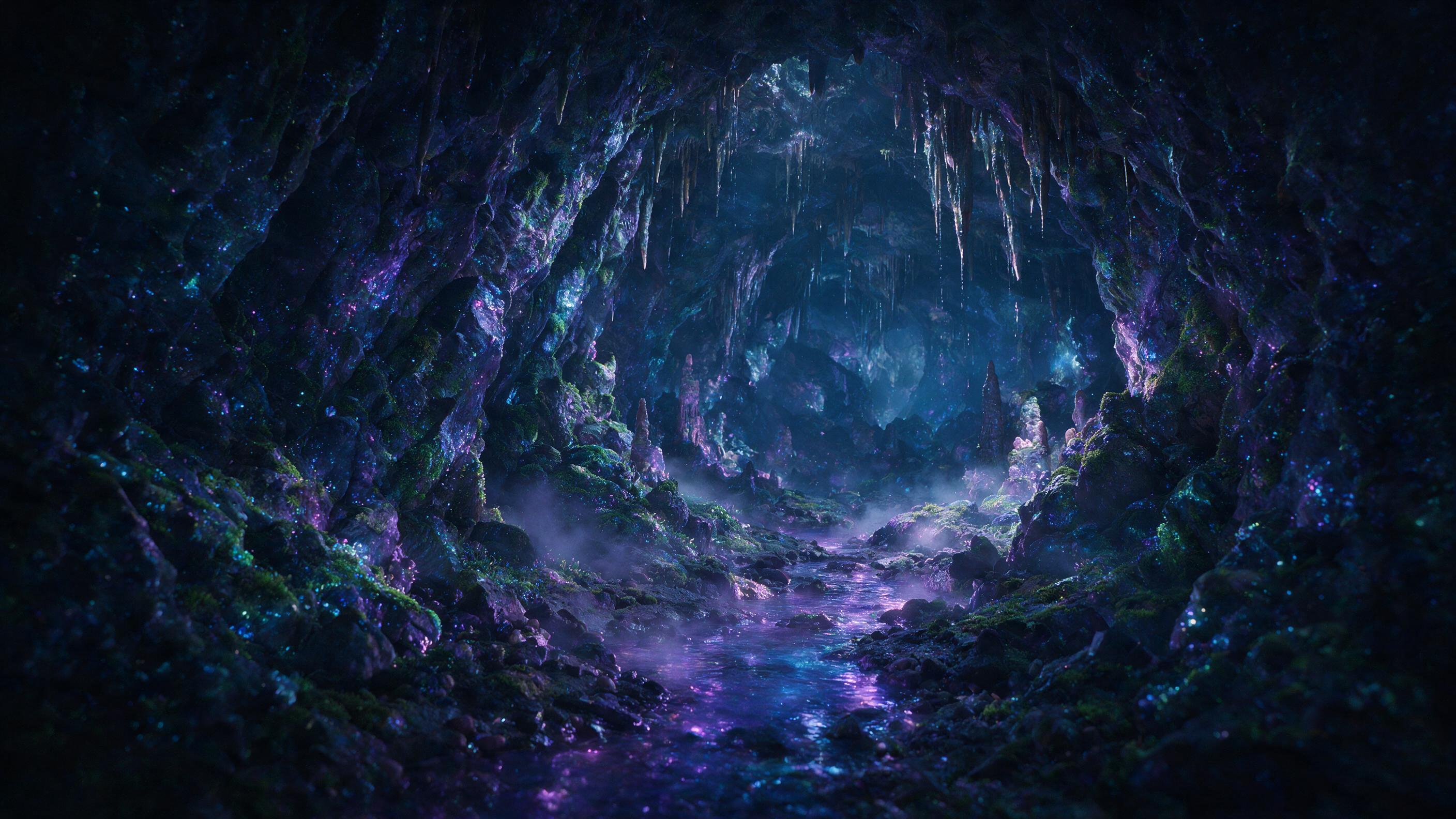 A glowing crystal cave deep underground, bioluminescent moss covering jagged walls, a small stream reflecting purple and blue light, soft mist rising from the water, stalactites dripping with mineral-rich water, dim natural light from above, cinematic composition with a wide-angle lens