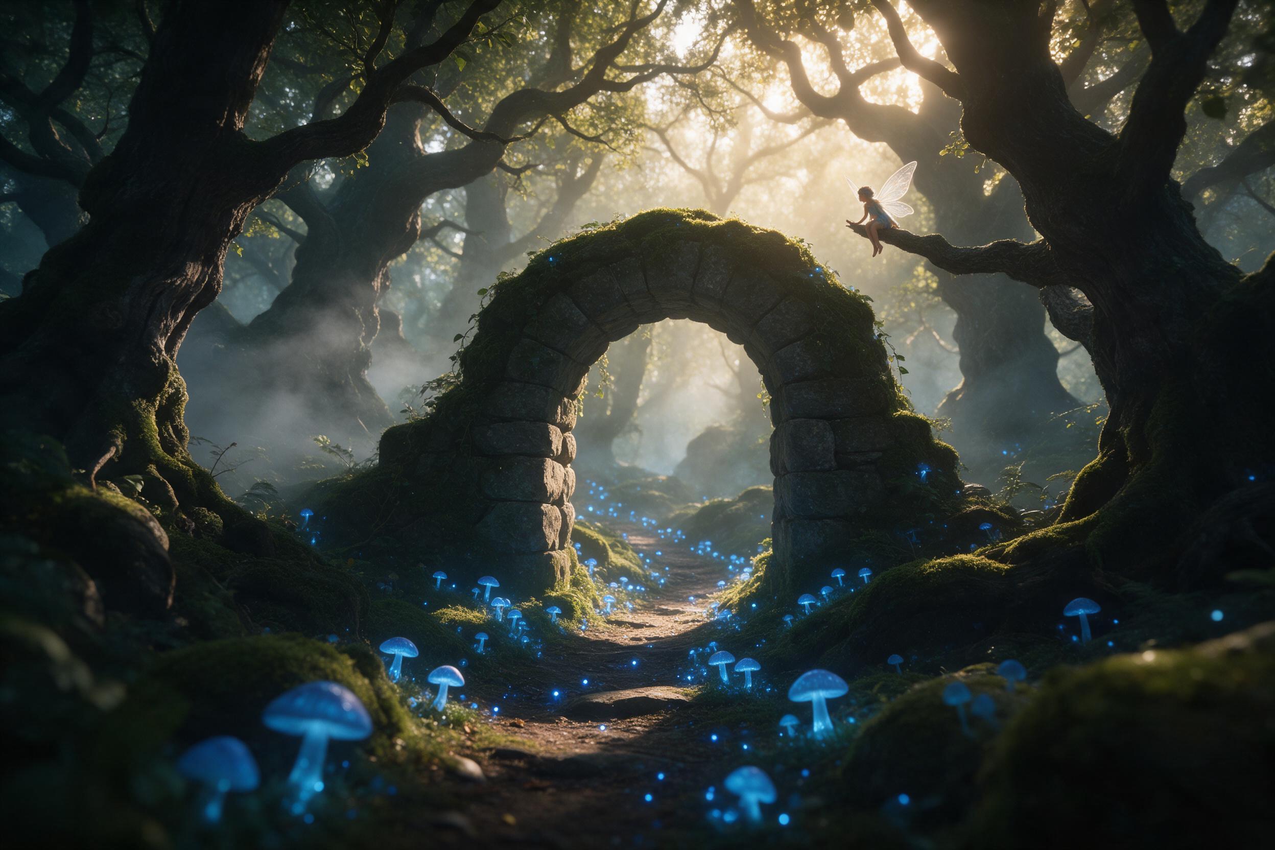 A moss-covered stone archway in an ancient forest, glowing blue mushrooms along the path, soft mist curling between gnarled trees, golden sunlight piercing through the canopy, a small fairy figure with translucent wings sitting on a branch, warm and cool color contrast, shallow depth of field, sligh