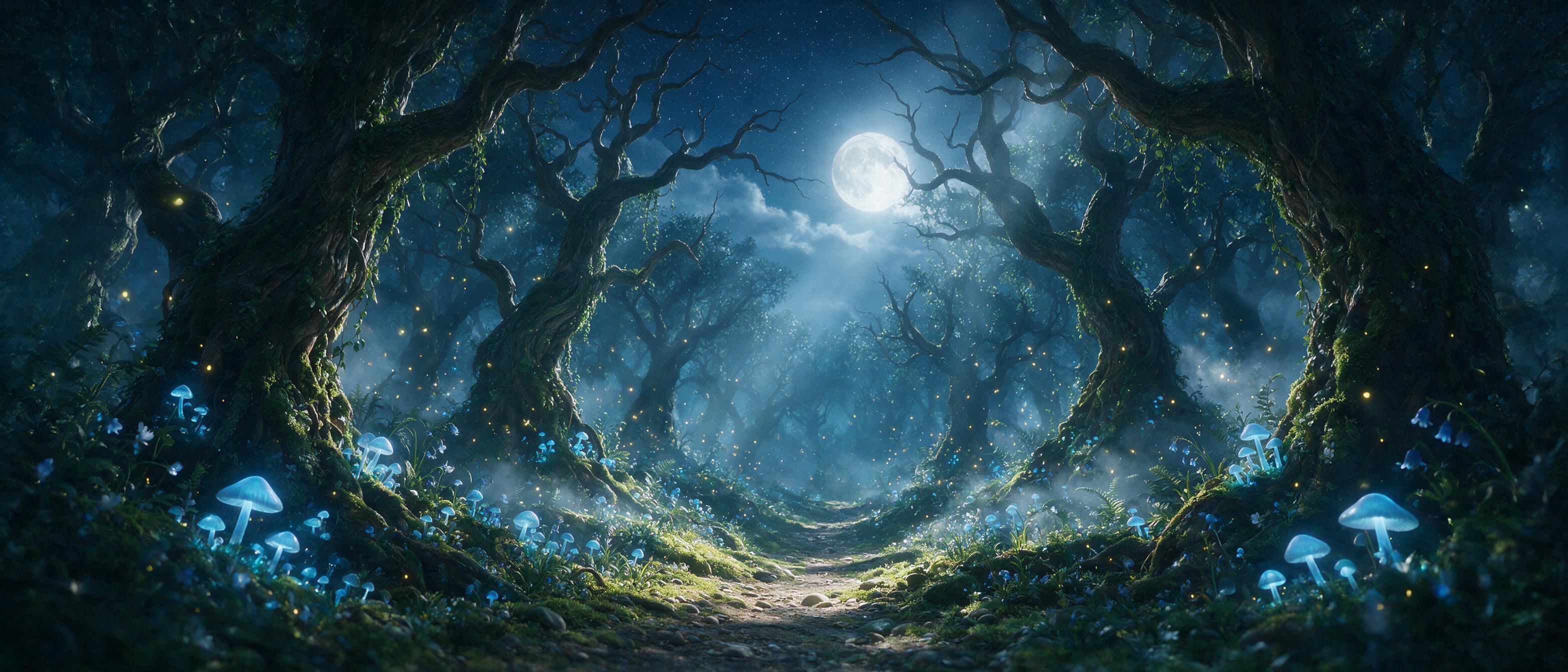 A moonlit enchanted forest, glowing blue mushrooms and fireflies, a misty path winding between ancient twisted trees, soft magical light rays filtering through leaves, ethereal atmosphere, rich detail, cinematic composition