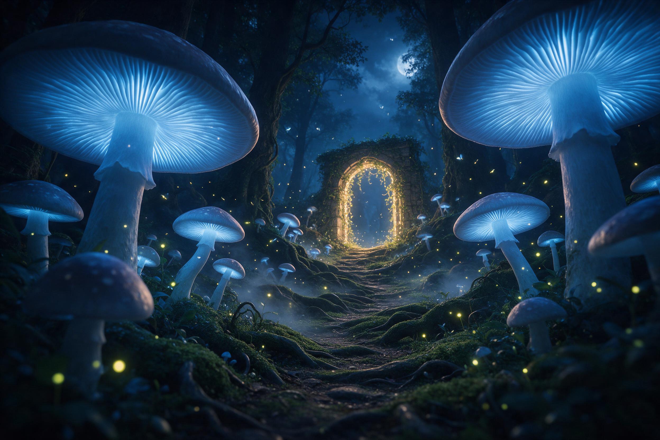 A moonlit ancient forest where giant, glowing mushrooms cast soft blue light on a winding mossy path. Fireflies drift like tiny lanterns, and a faint mist curls around twisted roots. In the distance, a stone archway half-swallowed by vines emits a warm golden shimmer. Composition: low angle, foregro