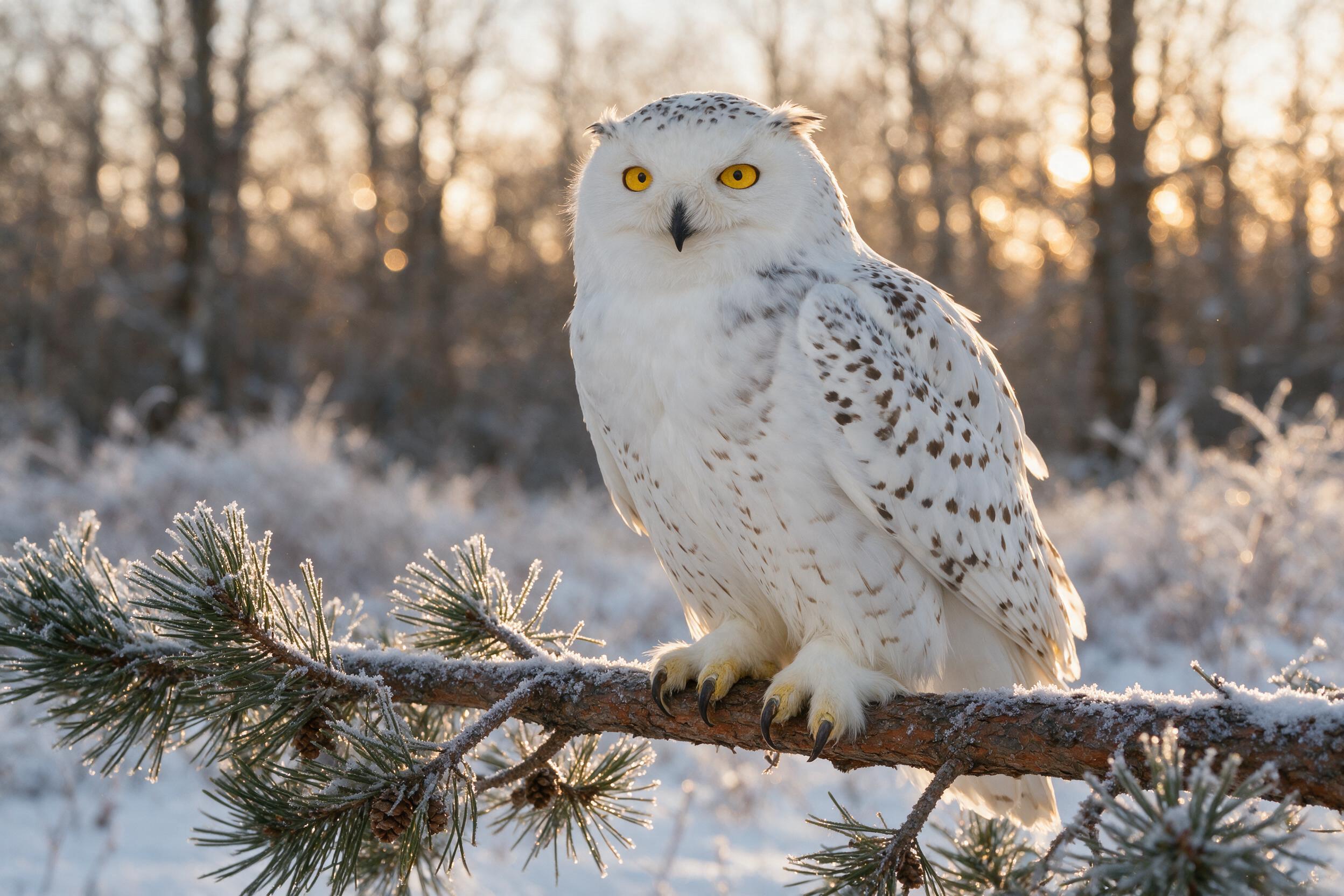 A majestic snowy owl perched on a frost-covered pine branch, feathers ruffled by a gentle winter breeze, soft golden hour light filtering through bare trees, natural bokeh background, slight grain in the shadows, shallow depth of field.