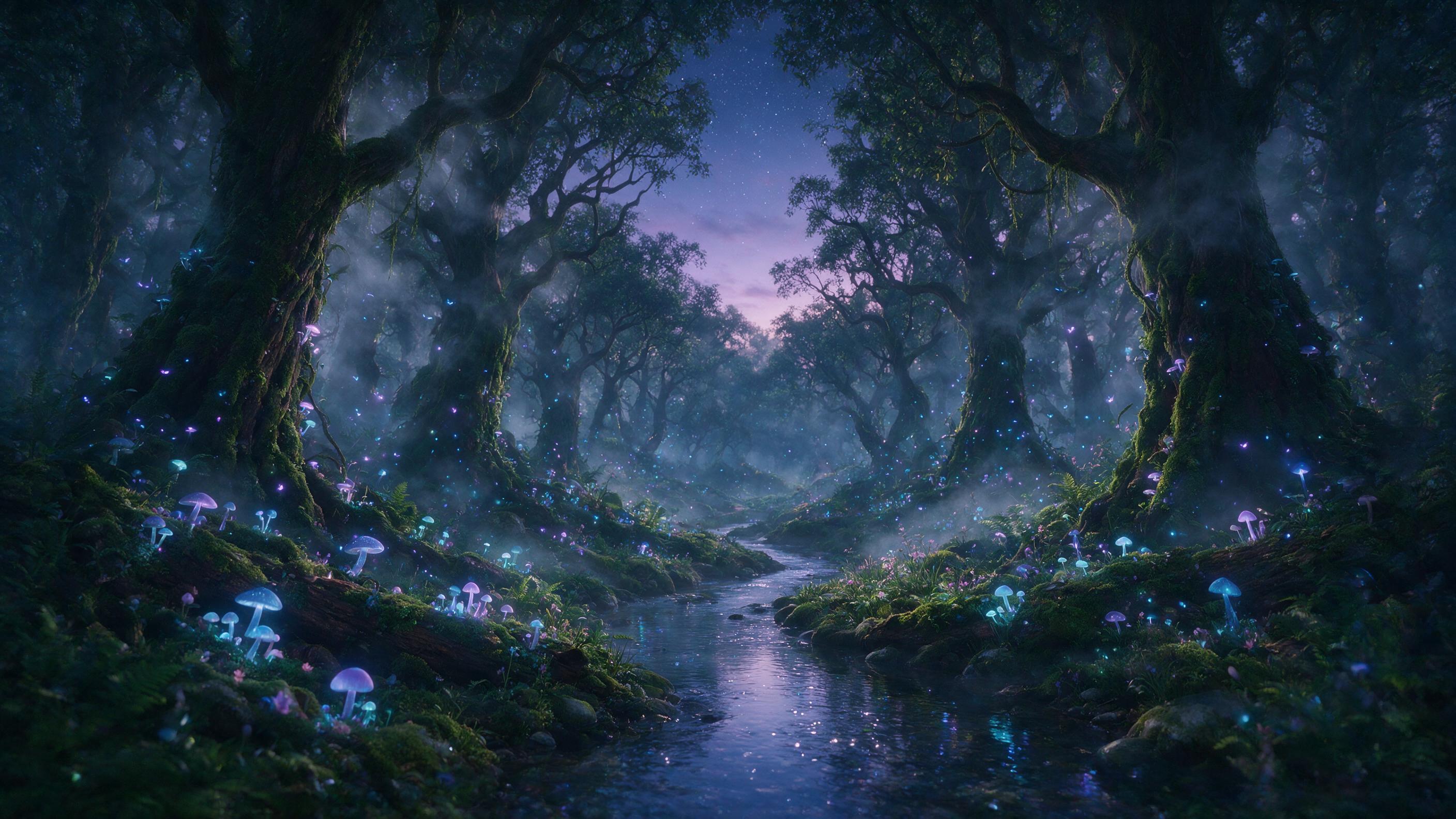 A glowing, ethereal forest at twilight, with bioluminescent mushrooms and floating fireflies casting soft blue and purple light, a winding stream reflecting the stars, mist weaving through ancient trees, gentle composition, cinematic lighting, slightly dreamy mood.