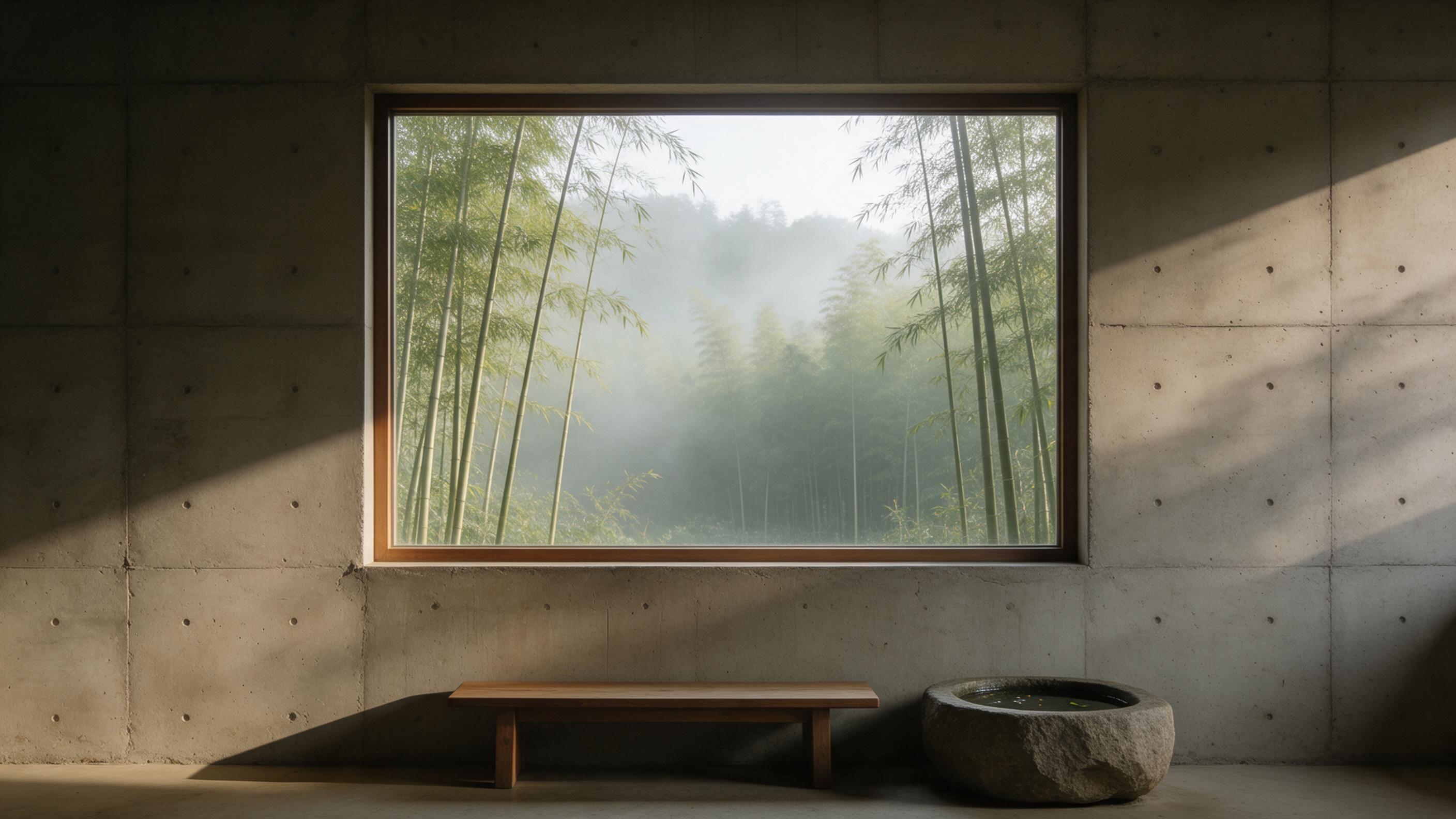 A serene minimalist interior with a single large window framing a misty bamboo forest, soft diffused morning light casting gentle shadows on a raw concrete wall, low wooden bench and a stone water basin, muted earth tones, composition centered on the window's symmetry, photographic, natural lighting