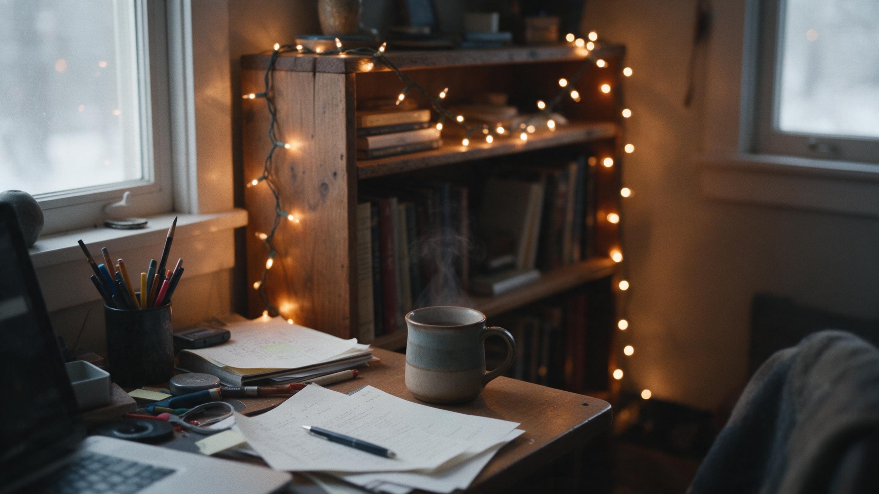 Cozy evening interior, warm string lights draped over a rustic wooden bookshelf, steam rising from a ceramic mug on a cluttered desk, soft window light mixing with amber glow, shallow depth of field, gentle film grain