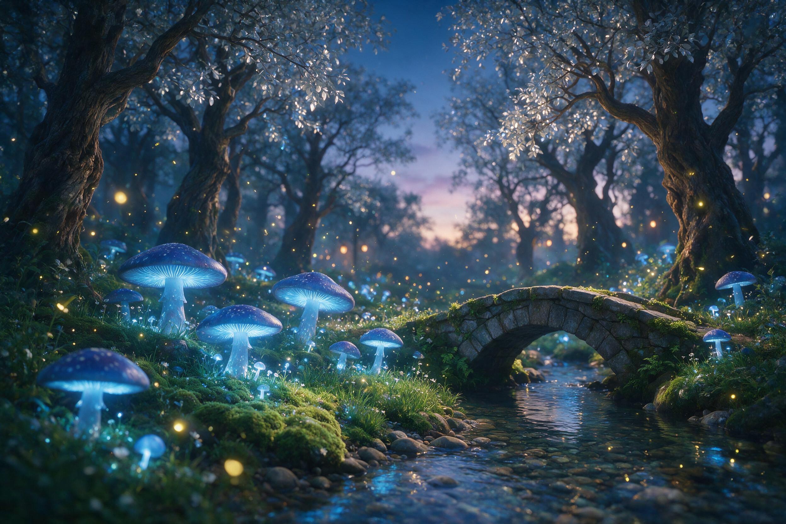 A luminous forest at twilight, giant glowing mushrooms casting soft blue light on mossy ground, fireflies floating in mist, ancient twisted trees with silver leaves, a small stone bridge over a crystal stream, ethereal atmosphere, soft focus, shallow depth of field