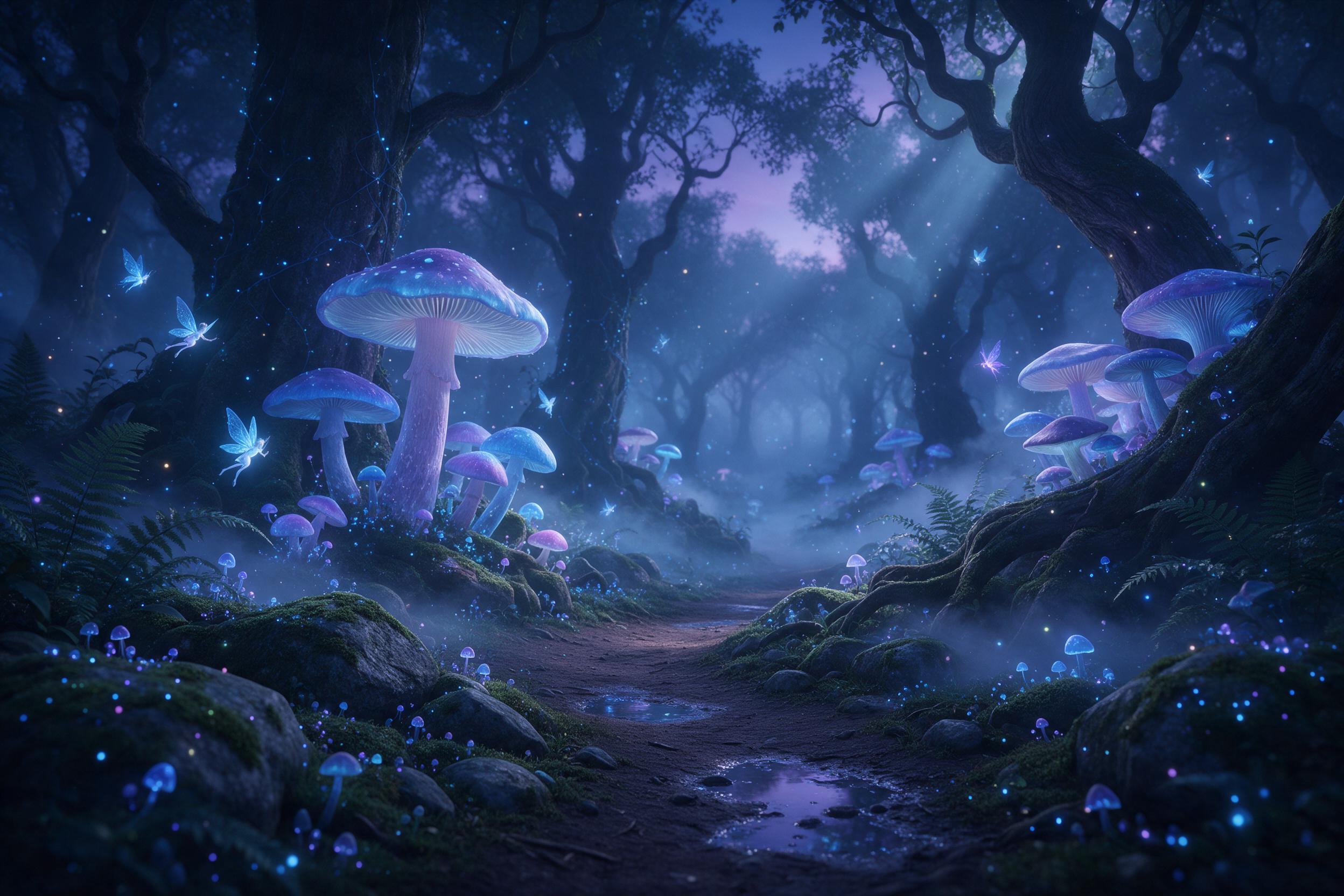 A misty bioluminescent forest at twilight, giant glowing mushrooms and ferns lining a winding path, tiny winged sprites flitting between ancient twisted trees, soft blue and violet light rays piercing the canopy, gentle fog rolling over moss-covered stones, dreamy atmosphere with sparkling particles