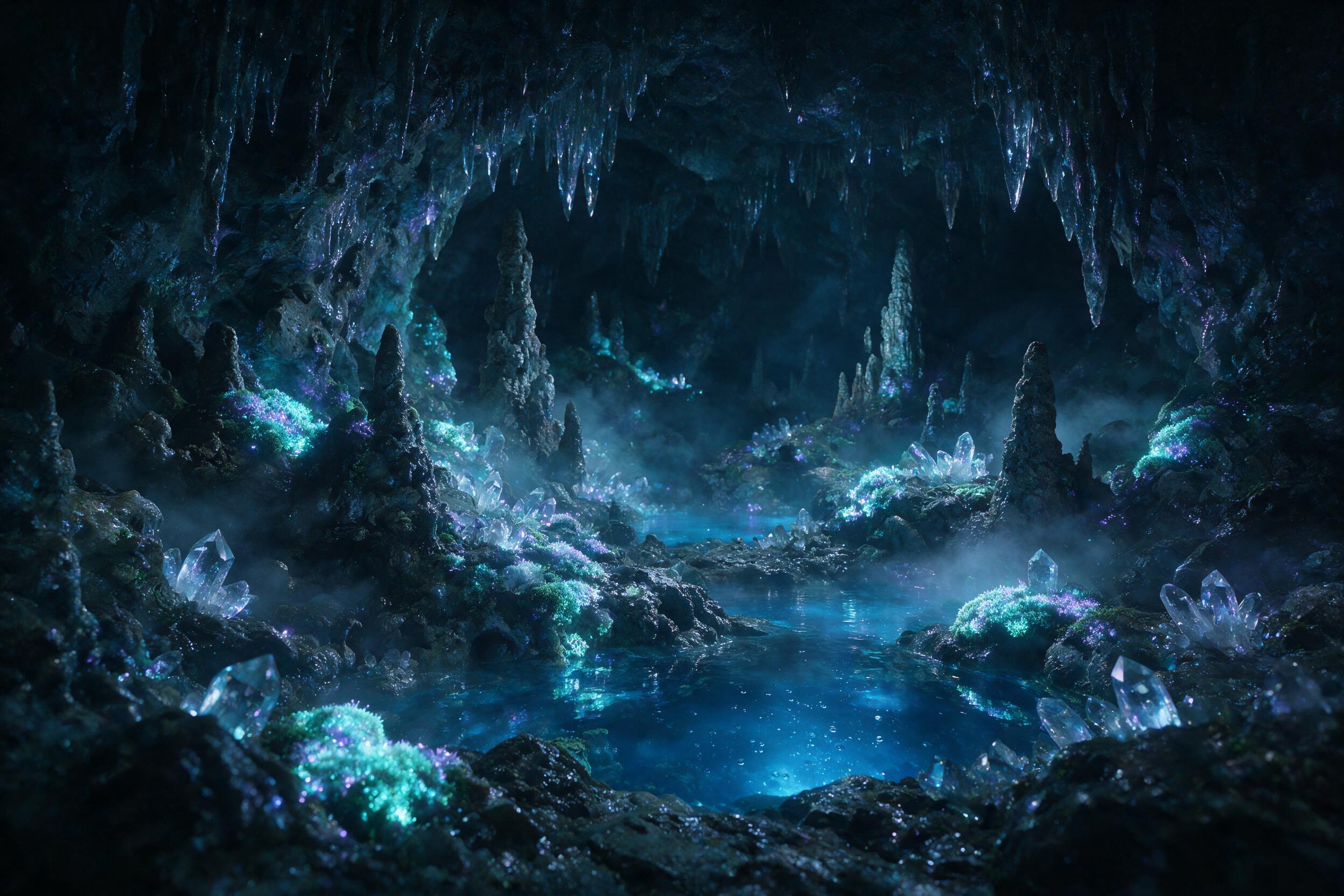 A luminous crystal cave deep underground, bioluminescent moss clinging to jagged walls, glowing blue pools reflecting soft light, mist swirling, subtle purple and teal hues, damp air, medium shot with wide-angle lens, dramatic chiaroscuro