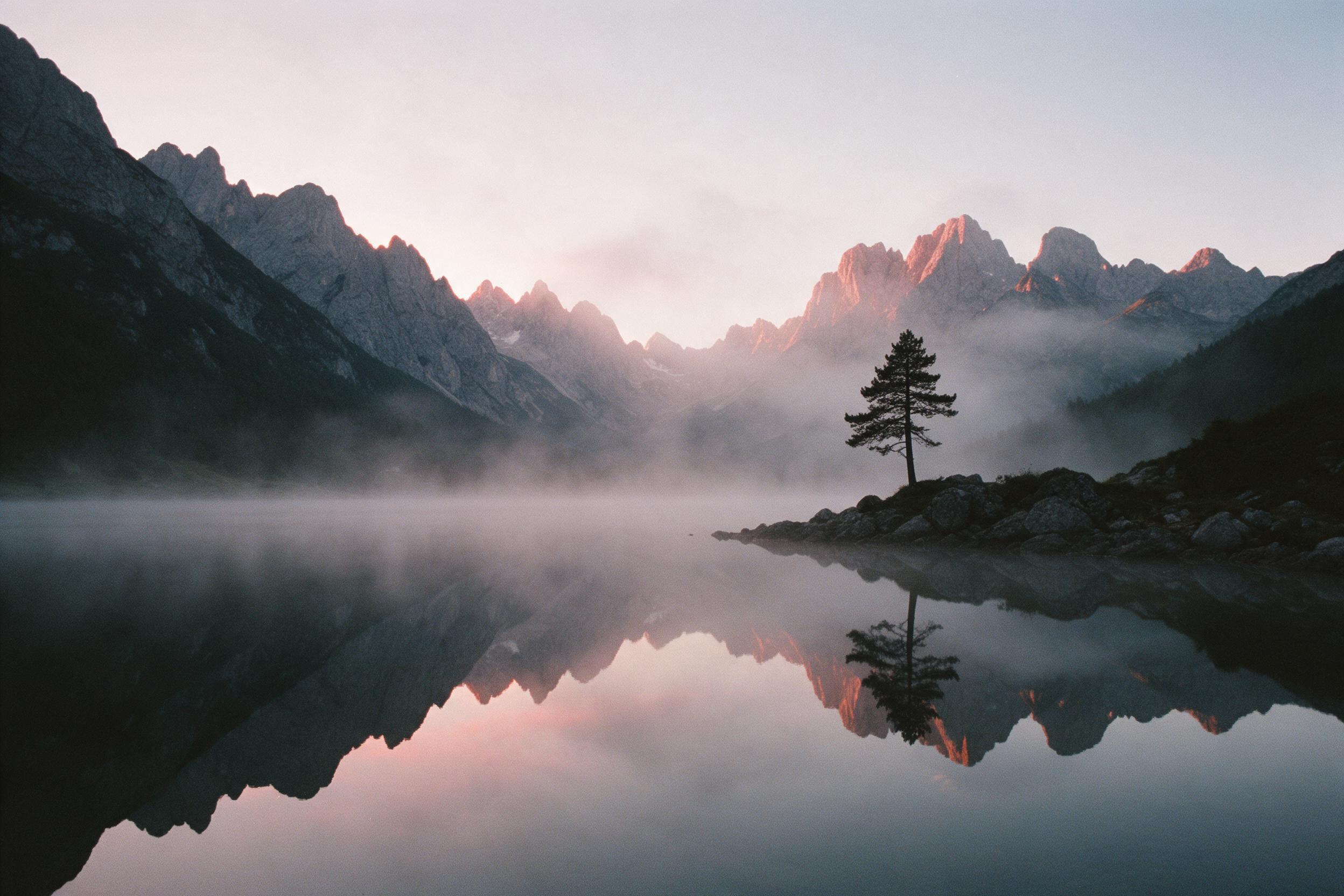 A misty alpine lake at dawn, surrounding peaks reflected in perfectly still water, soft pink and orange light breaking over jagged ridges, a lone pine tree silhouetted on a rocky shore, light fog drifting across the surface, muted colors with gentle contrast, shot on 35mm film with subtle grain and 