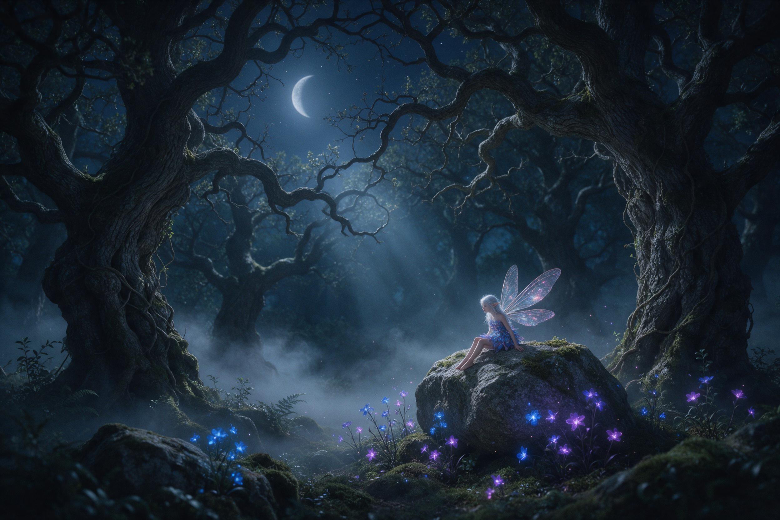 A moonlit forest clearing with bioluminescent flowers glowing blue and purple, a gentle mist curling around ancient twisted oaks, a small silver-haired fairy with translucent wings perching on a mossy stone, soft moonlight filtering through leaves, dreamy atmosphere, slight grain for ethereal realis