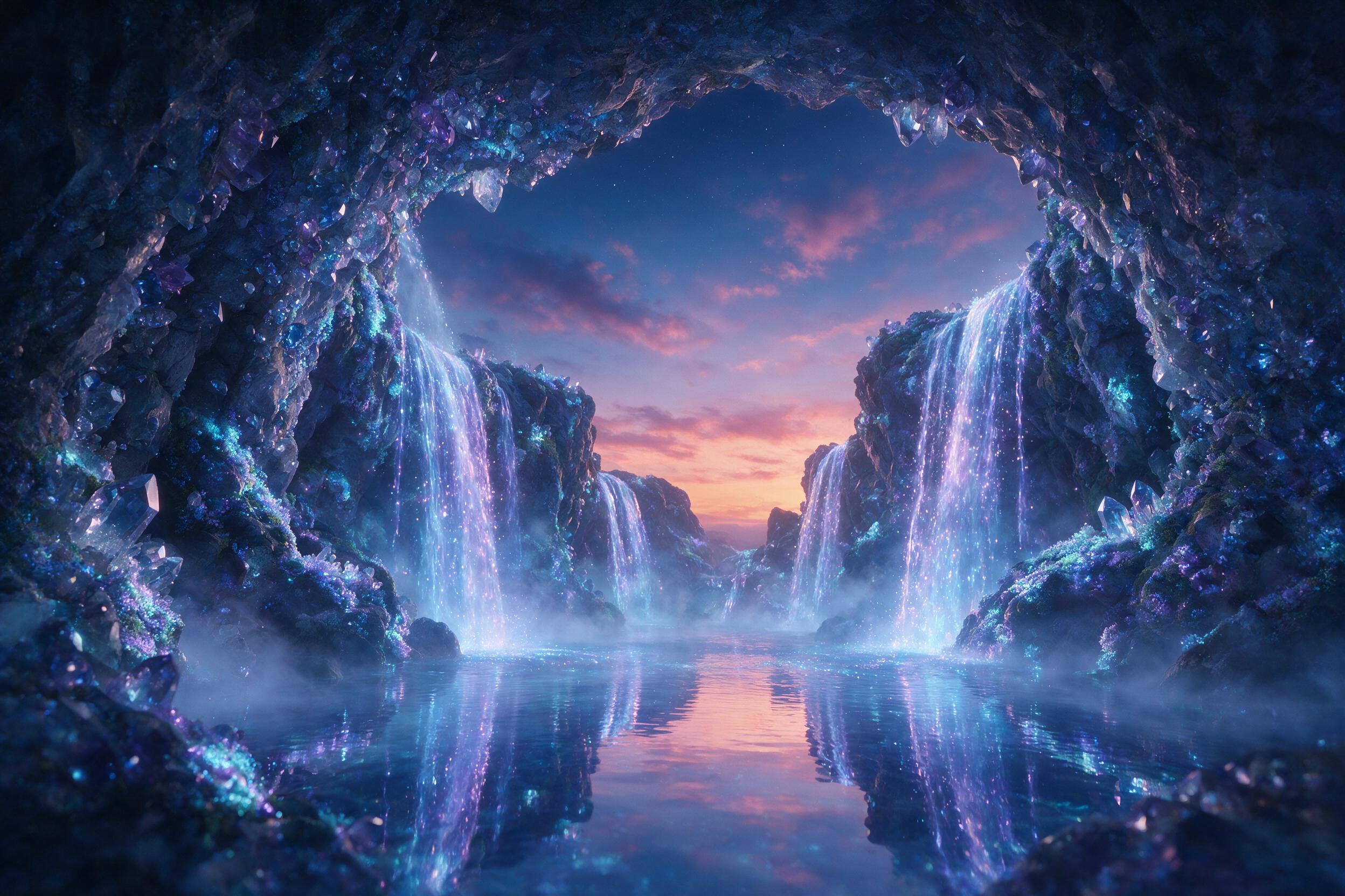 A glowing crystal cave under a twilight sky, bioluminescent moss lining jagged rock walls, waterfalls of liquid light cascading into a mirror pool, ethereal blue and violet hues, soft mist, wide-angle view from inside the cavern opening