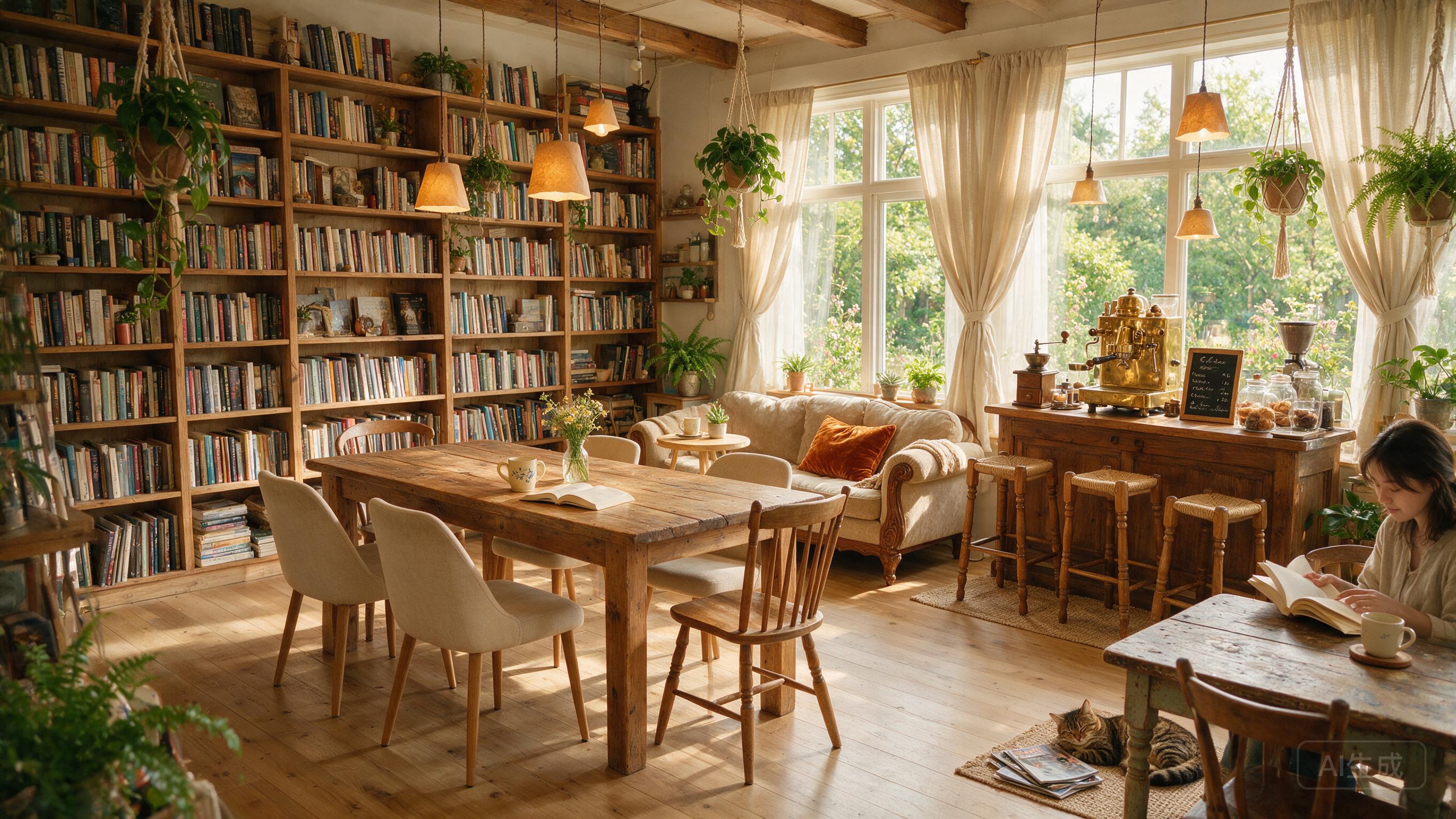 Cozy bookstore cafe interior, warm wood tones, afternoon sunlight through windows, plants hanging, hygge atmosphere