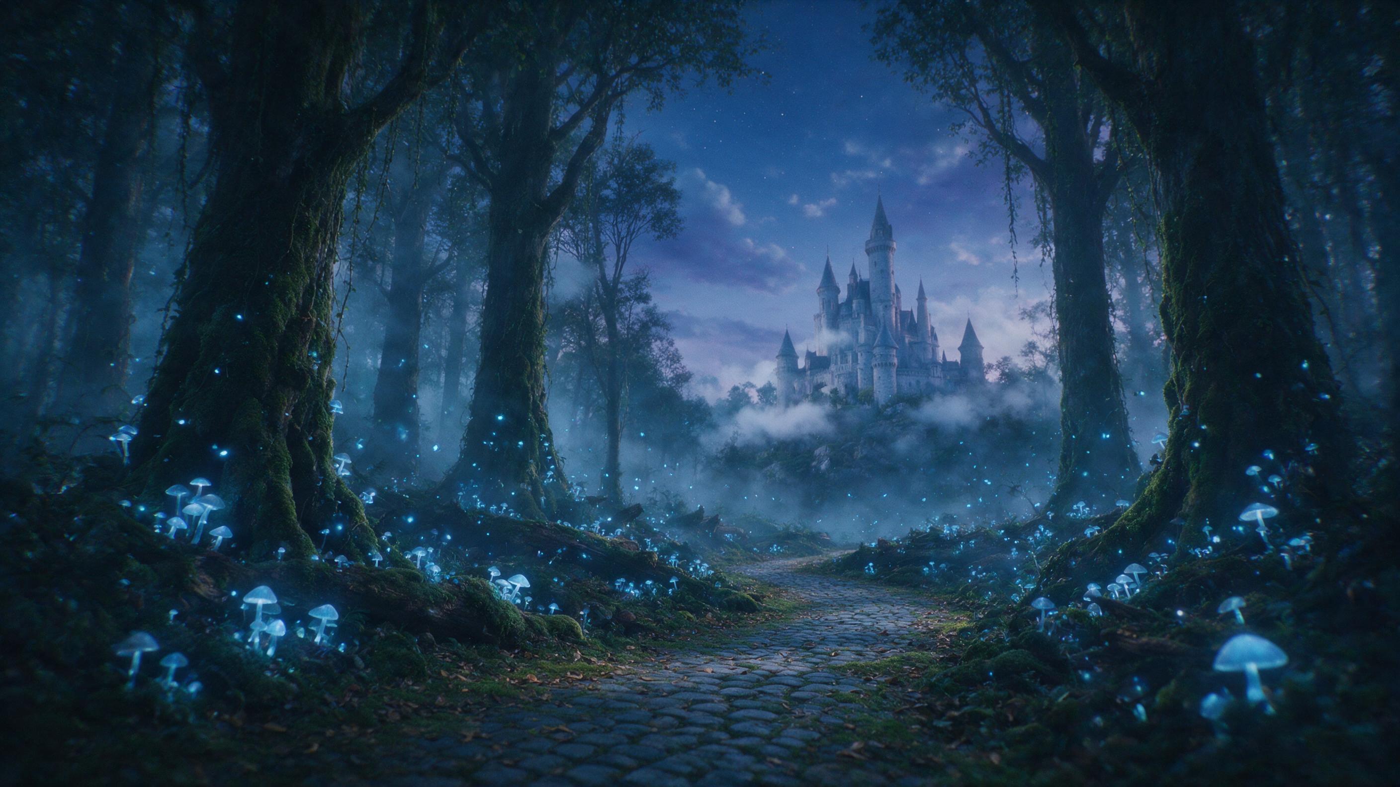 A luminous forest at twilight, glowing mushrooms and fireflies casting soft blue light, a winding path leading to a distant castle, mist swirling, dreamlike atmosphere, film grain, slight camera shake