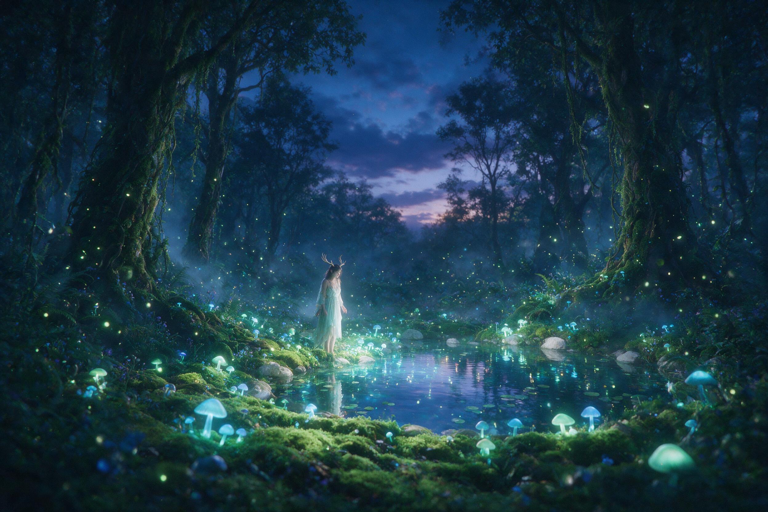 A luminous forest at twilight, bioluminescent mushrooms and floating fireflies, a young woman with antlers stands by a glowing pond, soft mist, ethereal lighting, shallow depth of field, slight grain