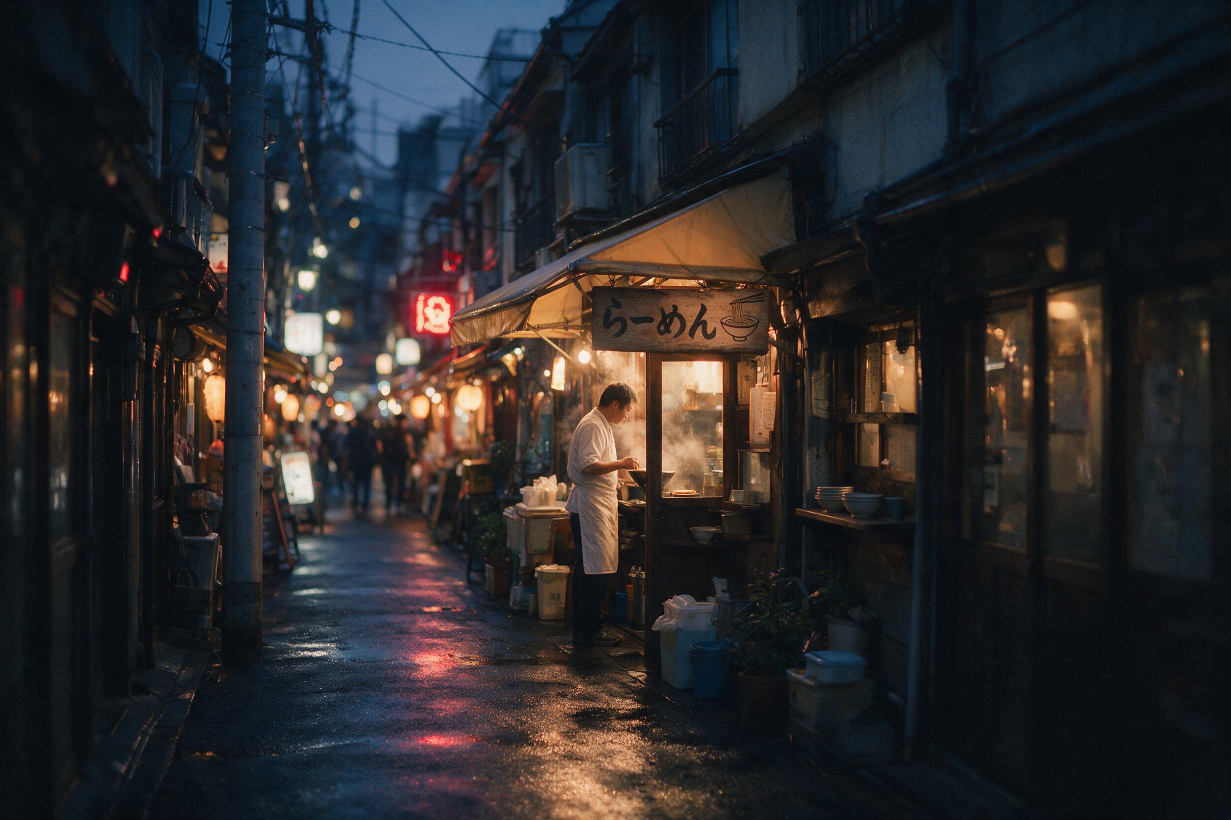 A narrow Tokyo alley at dusk, rain-slicked asphalt reflecting warm neon signs. A lone chef in a white apron stands outside a tiny ramen shop, steam rising from his bowl. Shallow depth of field, natural bokeh, slight grain, muted tones with red accent light.