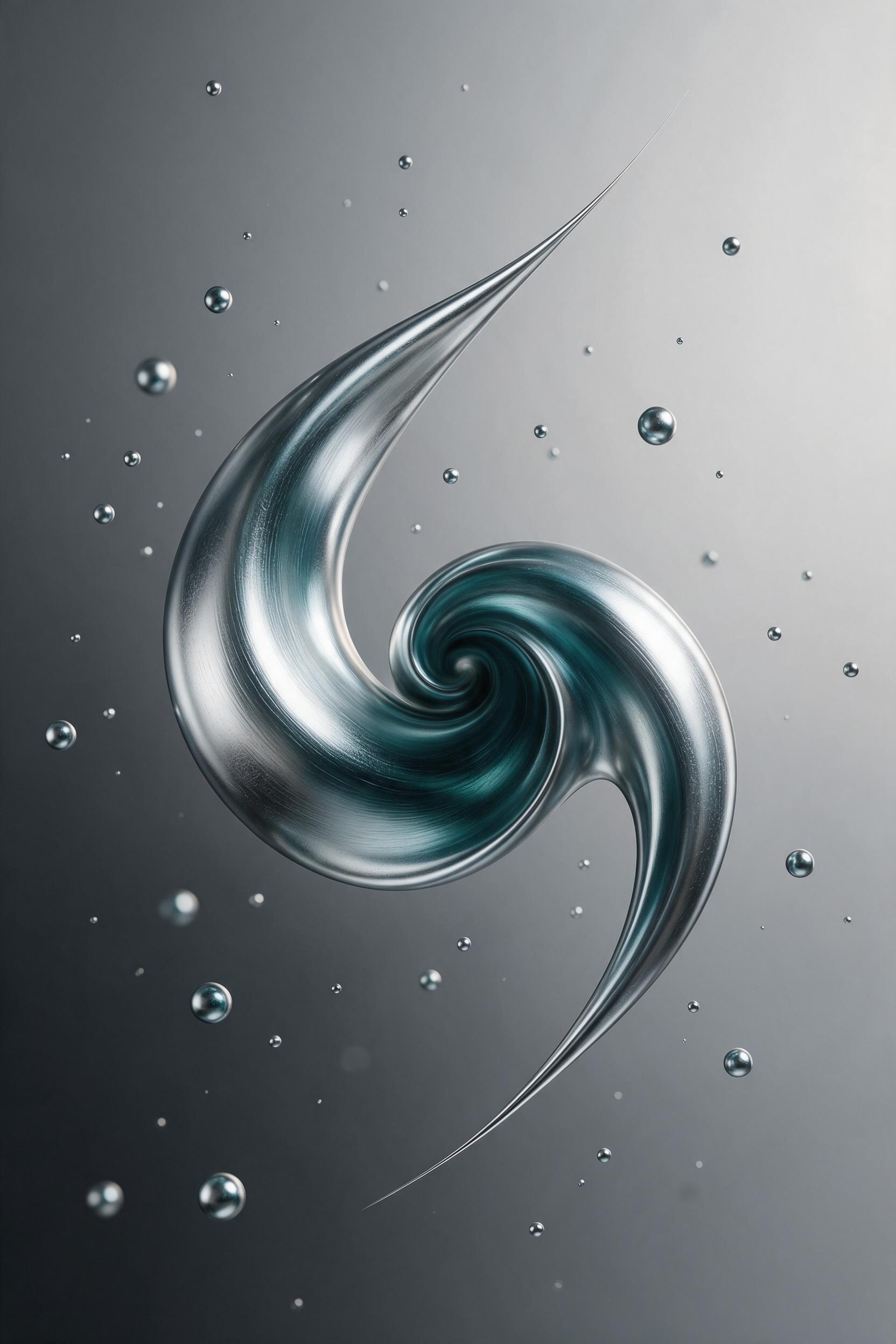 Minimalist abstract composition, flowing liquid metal curves in silver and deep teal, suspended droplets frozen mid-air, soft studio lighting with gentle reflections, smooth gradient background from charcoal to light gray, subtle texture of brushed metal, clean negative space, elegant and modern