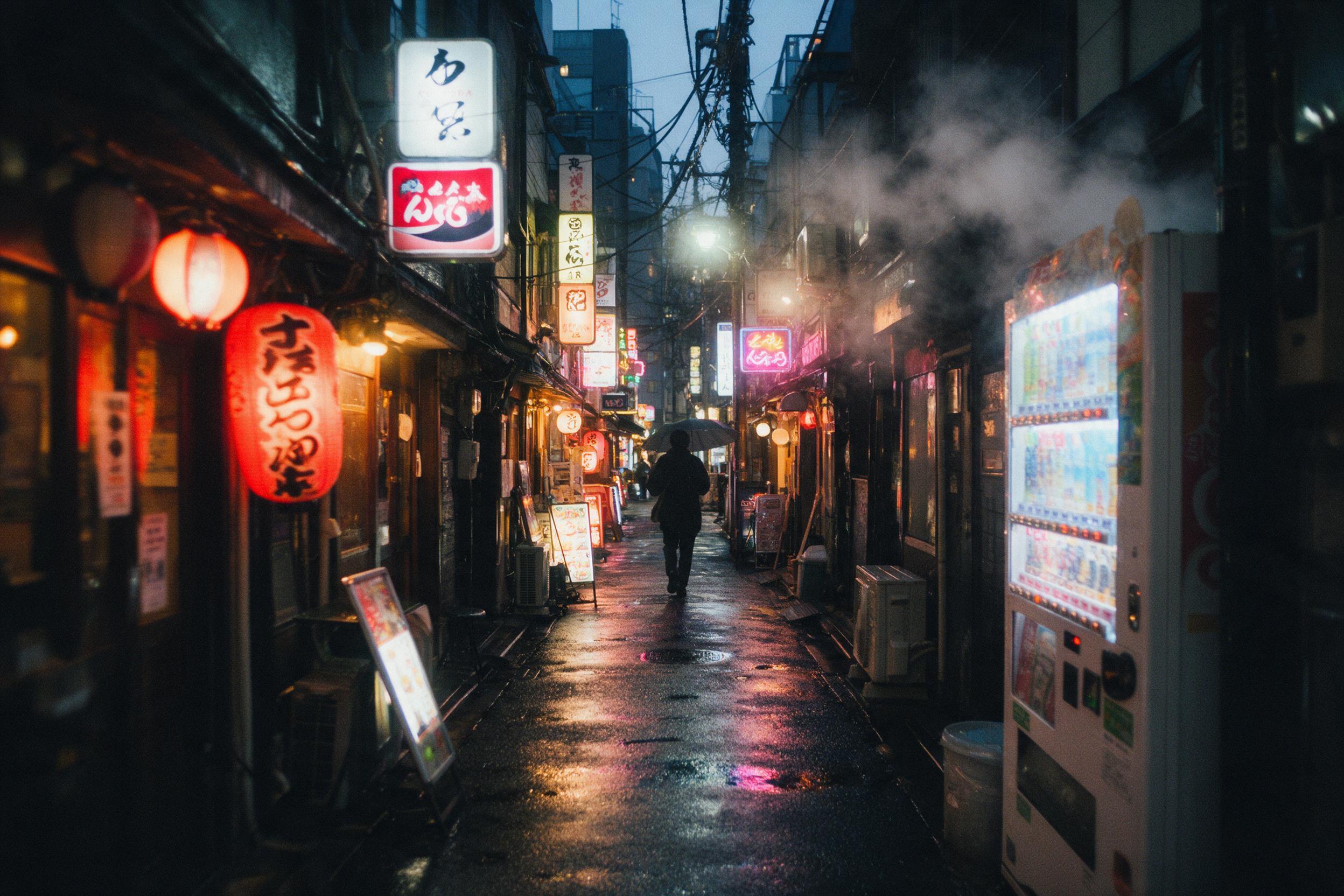 A narrow Tokyo alley at dusk, glowing neon signs reflecting on wet asphalt, a lone figure with an umbrella walking away, steam rising from a vending machine, shallow depth of field, natural streetlight glow, slight motion blur, film grain, candid moment