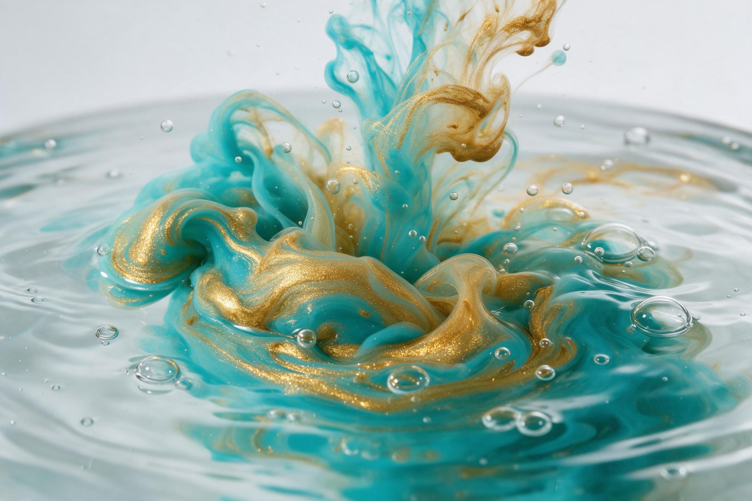 A macro shot of swirling turquoise and gold marbled ink in water, delicate bubbles rising, soft studio lighting from above, gentle ripples, elegant fluid motion, minimalist background, crisp details, subtle reflections, no text.