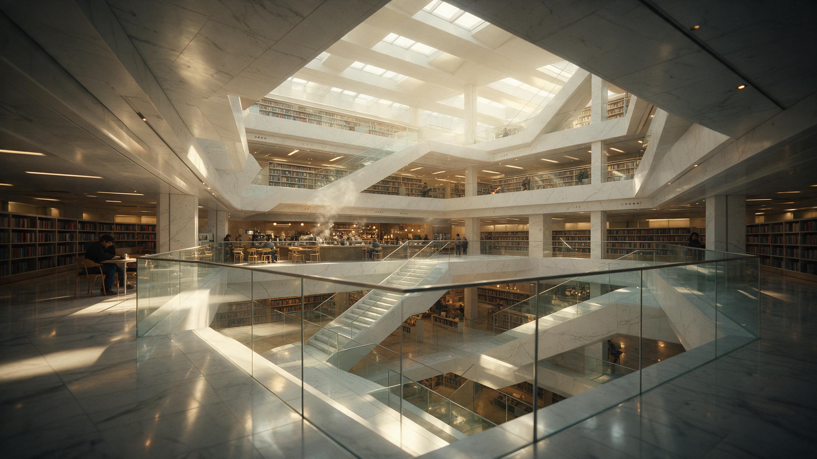 Futuristic library atrium with cascading floors of white stone and glass, warm golden light filtering through skylights onto readers, subtle steam from a café, marble reflections, deep shadows in corners, clean lines, photographic style with shallow depth of field