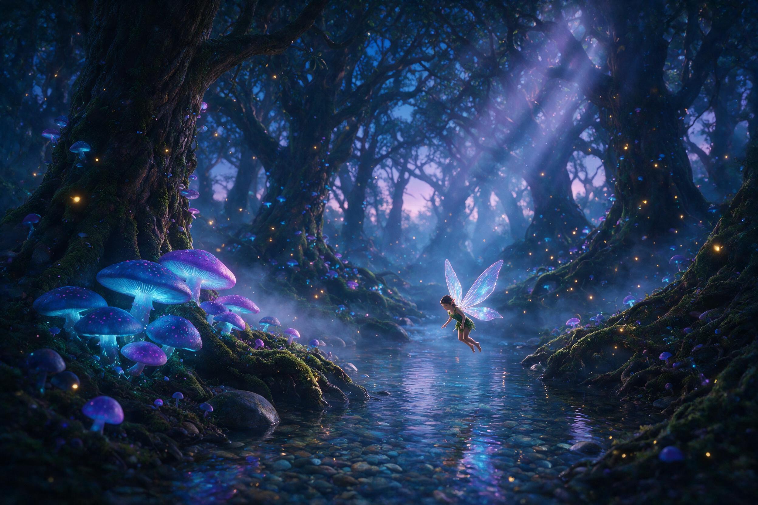 A luminous enchanted forest at twilight, ancient trees with glowing blue and purple bioluminescent mushrooms, soft mist weaves through mossy roots, a tiny fairy with translucent wings hovers near a crystal-clear stream, warm golden fireflies, dreamy atmosphere, ethereal light rays pierce the canopy,