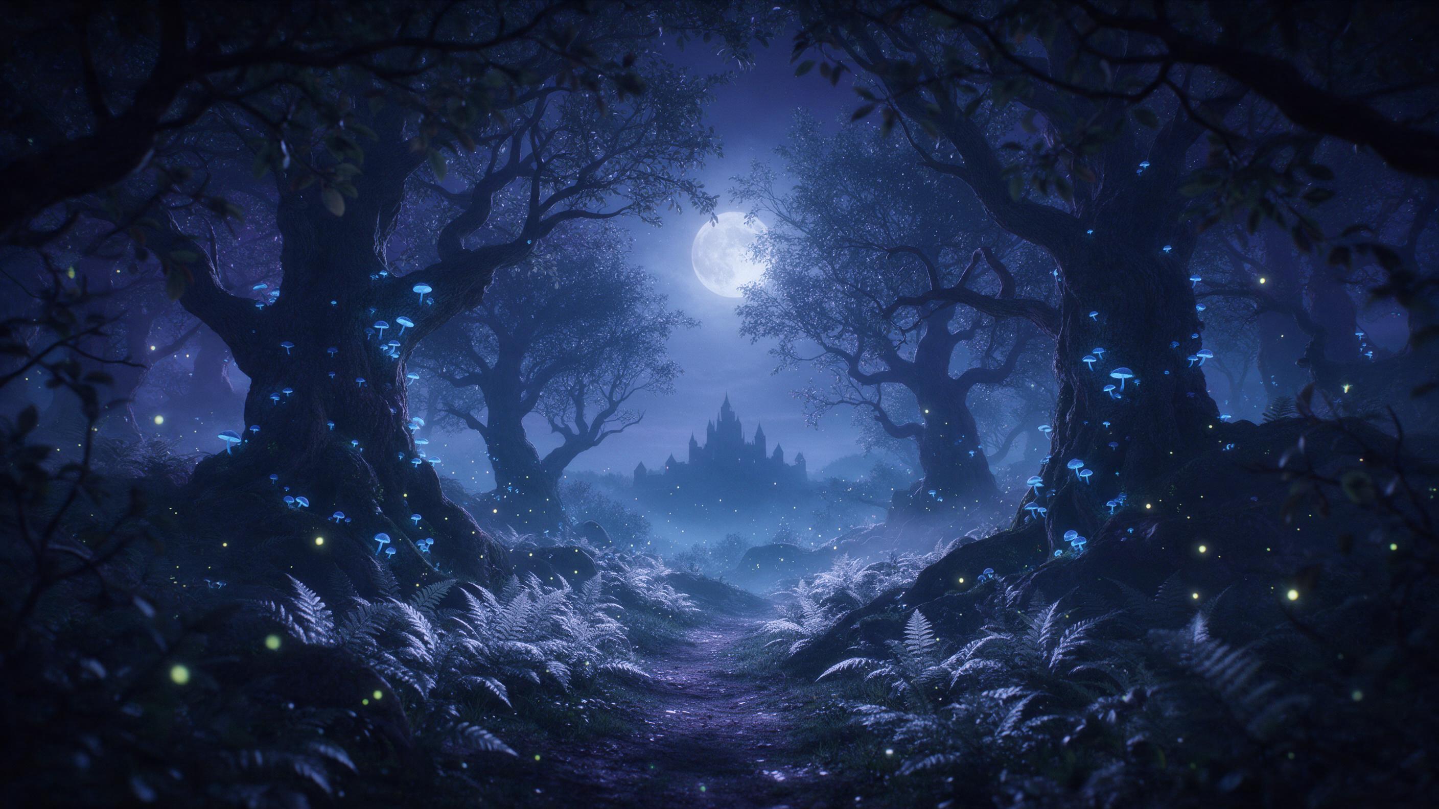 A moonlit enchanted forest, ancient gnarled trees with glowing blue mushrooms and silver ferns, a winding path leading to a distant castle silhouette, fireflies drifting in the air, soft mist, cool blue and purple palette, ethereal atmosphere, cinematic composition with foreground framing branches
