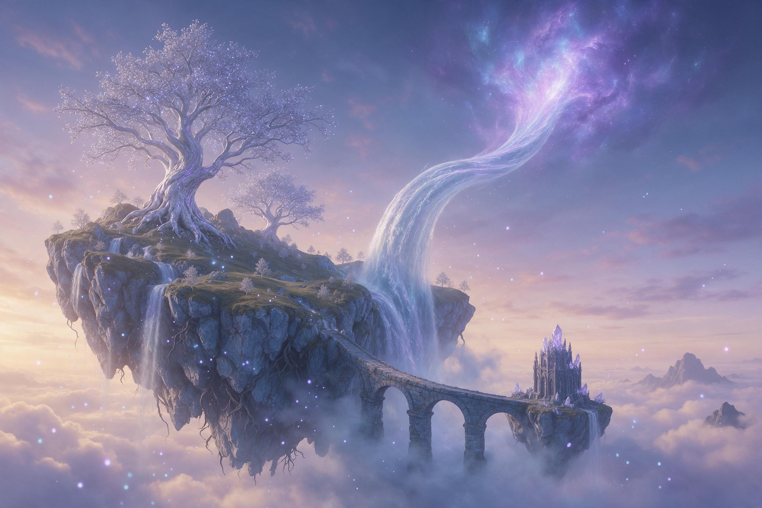 A serene floating island bathed in dawn light, with ancient silver trees and a waterfall that flows upward into a glowing nebula. Tiny luminescent spores drift through the air, casting soft blue and violet reflections on the rocky edge. Mist swirls around a stone bridge leading to an abandoned cryst