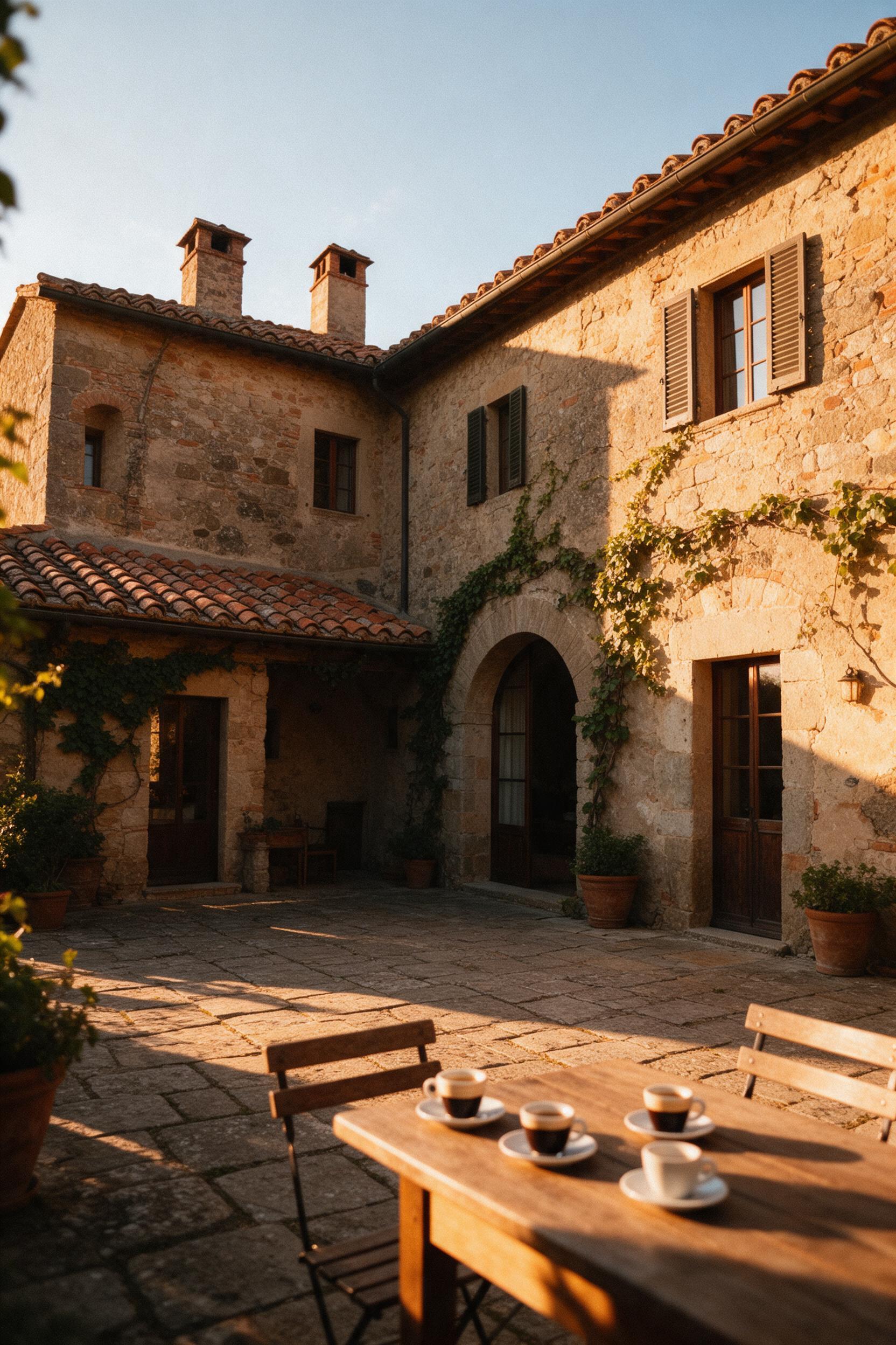 Sunlit stone courtyard of a Tuscan villa at golden hour, terracotta roof tiles, ivy creeping on weathered walls, a wooden table with espresso cups, soft warm light and long shadows, shot from a low angle, natural film grain, slight camera shake