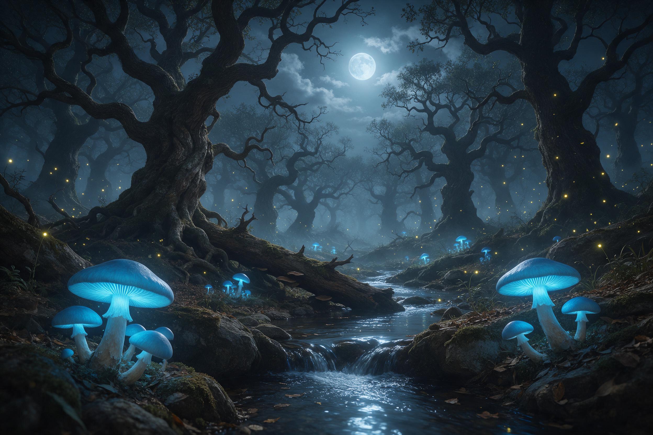 A moonlit enchanted forest clearing where glowing blue mushrooms cast soft light on a winding stream, fireflies drift among ancient twisted oaks, misty air, ethereal atmosphere, muted earthy tones with magical cyan highlights, wide-angle composition with foreground fungi details