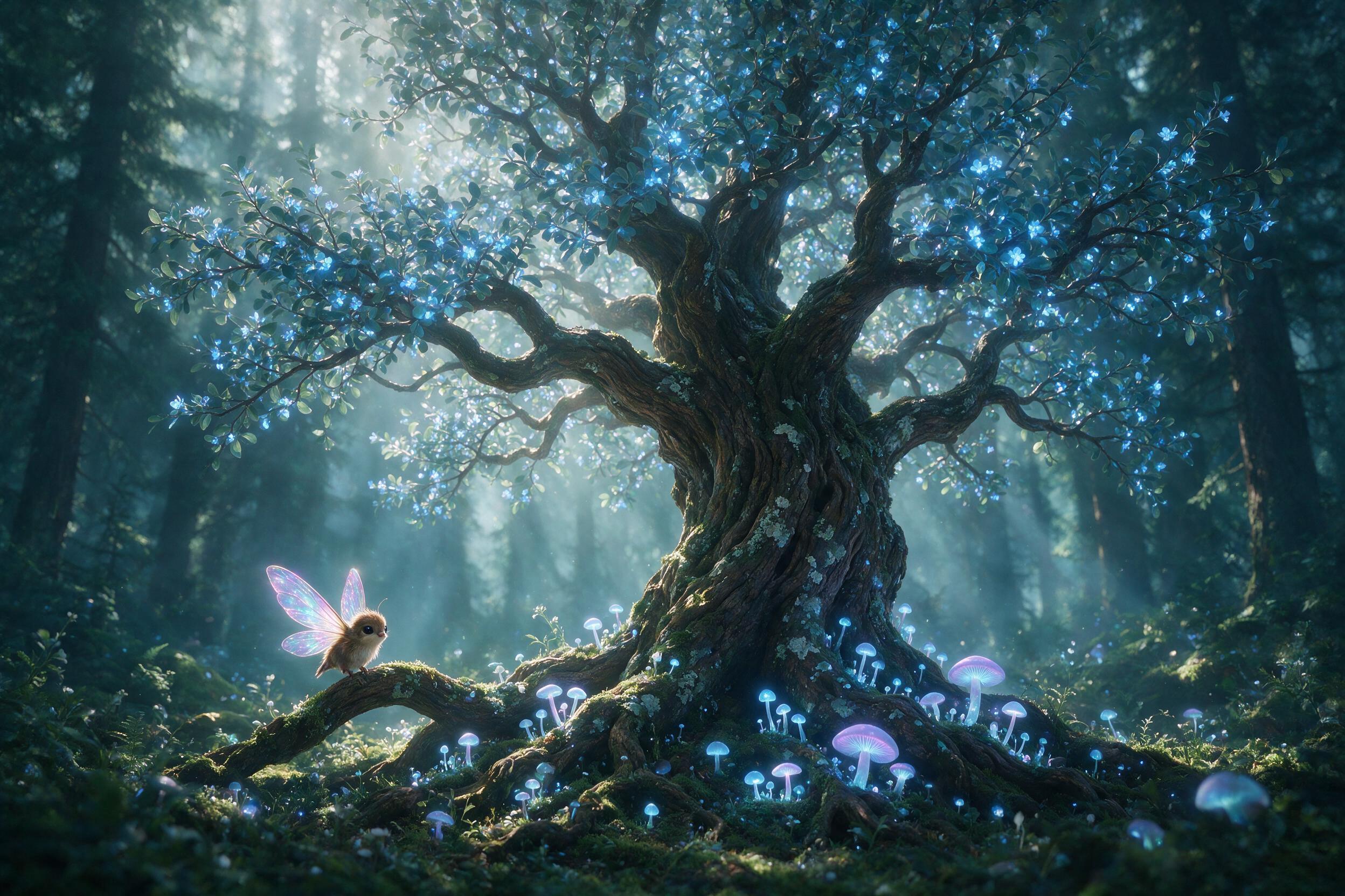 An ancient, gnarled tree with glowing blue leaves stands in a misty forest, its roots intertwining with luminous mushrooms. Soft, ethereal light filters through the canopy, casting long shadows. A small, winged creature perches on a branch, its wings shimmering with iridescent colors. The scene is d