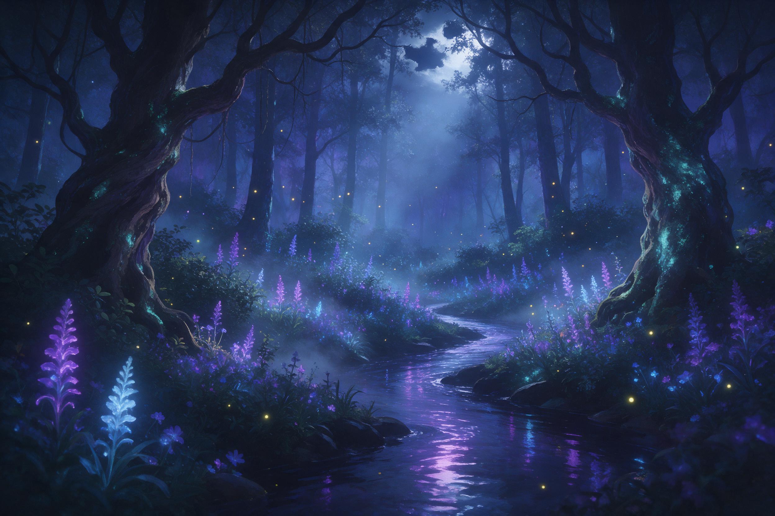 Moonlit forest clearing with bioluminescent flowers, a winding stream reflecting purple and blue glow, ancient gnarled trees with luminous moss, faint mist rising, fireflies drifting, soft cinematic light from above, deep shadows, dreamy ethereal atmosphere, painted style