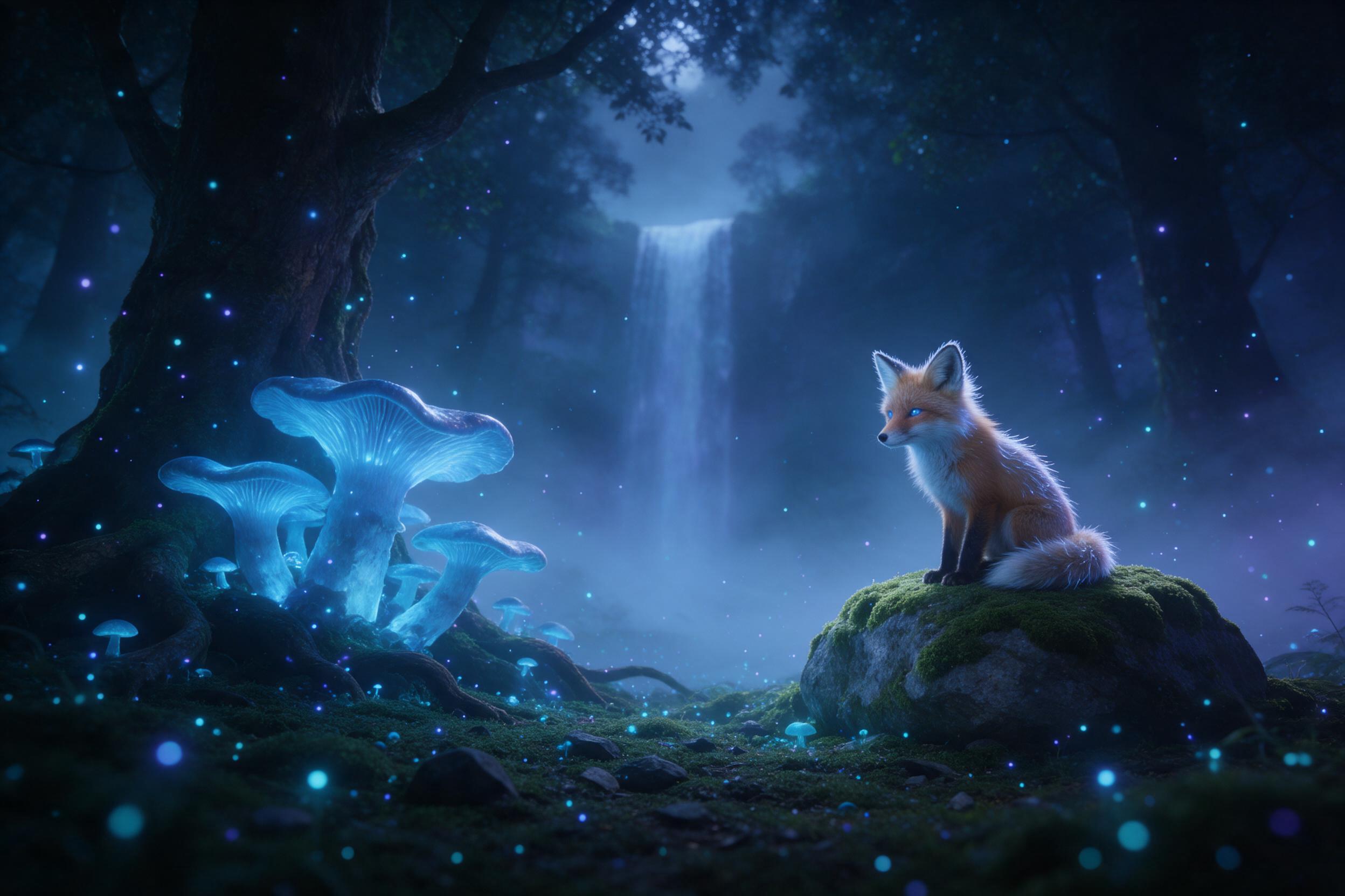A moonlit ancient forest glade, massive glowing blue mushrooms casting ethereal light, a young fox with silver-tipped fur and softly luminous eyes sits on mossy stone, bioluminescent spores dancing in thick mist, faint waterfall veil in background, cool cyan and violet palette, cinematic wide-angle 
