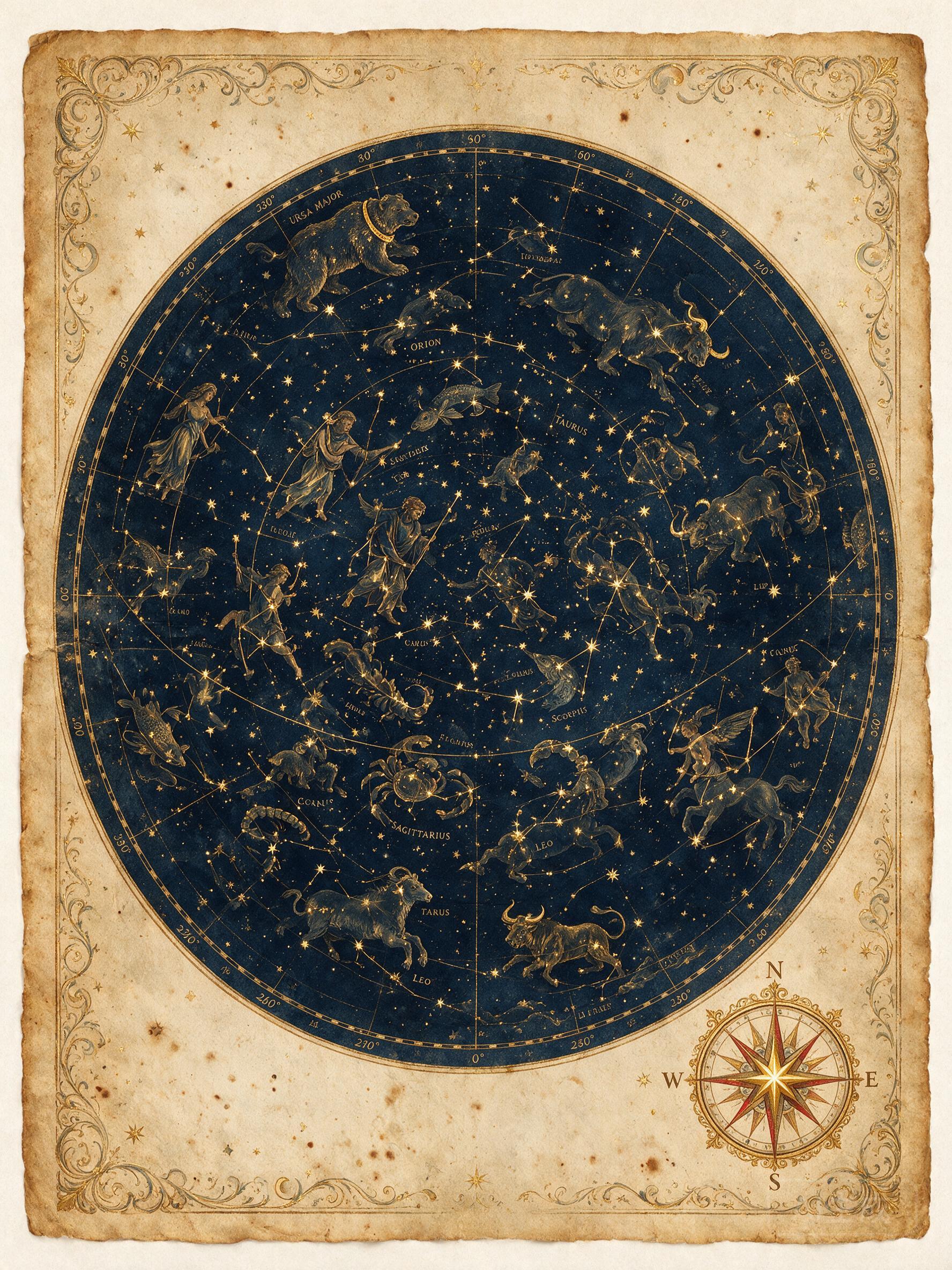A celestial map drawn on aged parchment, constellations connected by golden lines, compass rose, mystical cartography