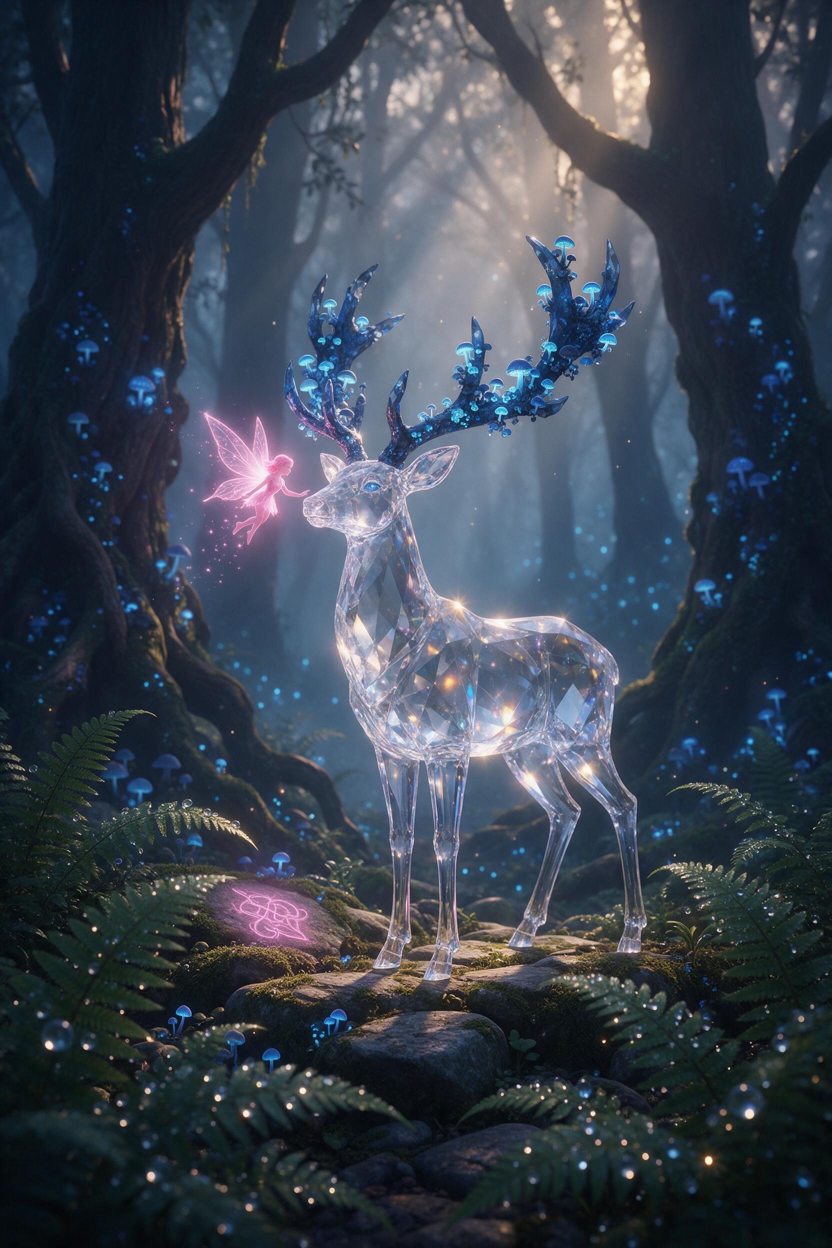In a misty twilight forest, a glowing crystal stag stands on mossy stones, antlers adorned with bioluminescent blue fungi. Soft golden light filters through ancient trees, casting long, magical shadows. A tiny fairy, shimmering pink, floats near its ear. Foreground has dewy ferns, background reveals