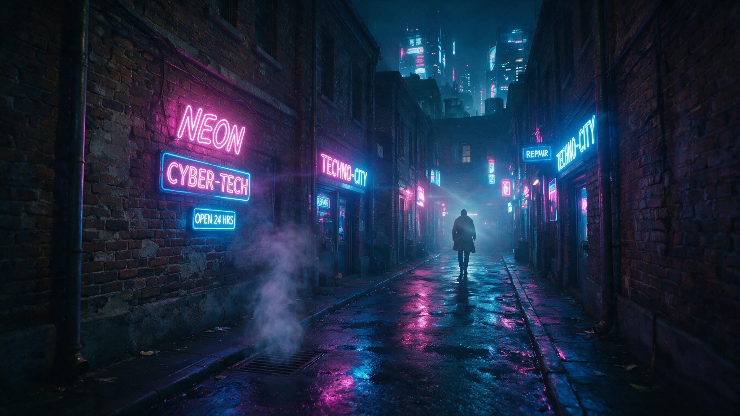 A dimly lit cyberpunk alleyway at night, steam rising from a street grate, glowing neon signs in pink and blue reflecting on wet pavement, a lone figure in a trench coat walking away, slight lens flare, realistic texture on brick walls, no visible people