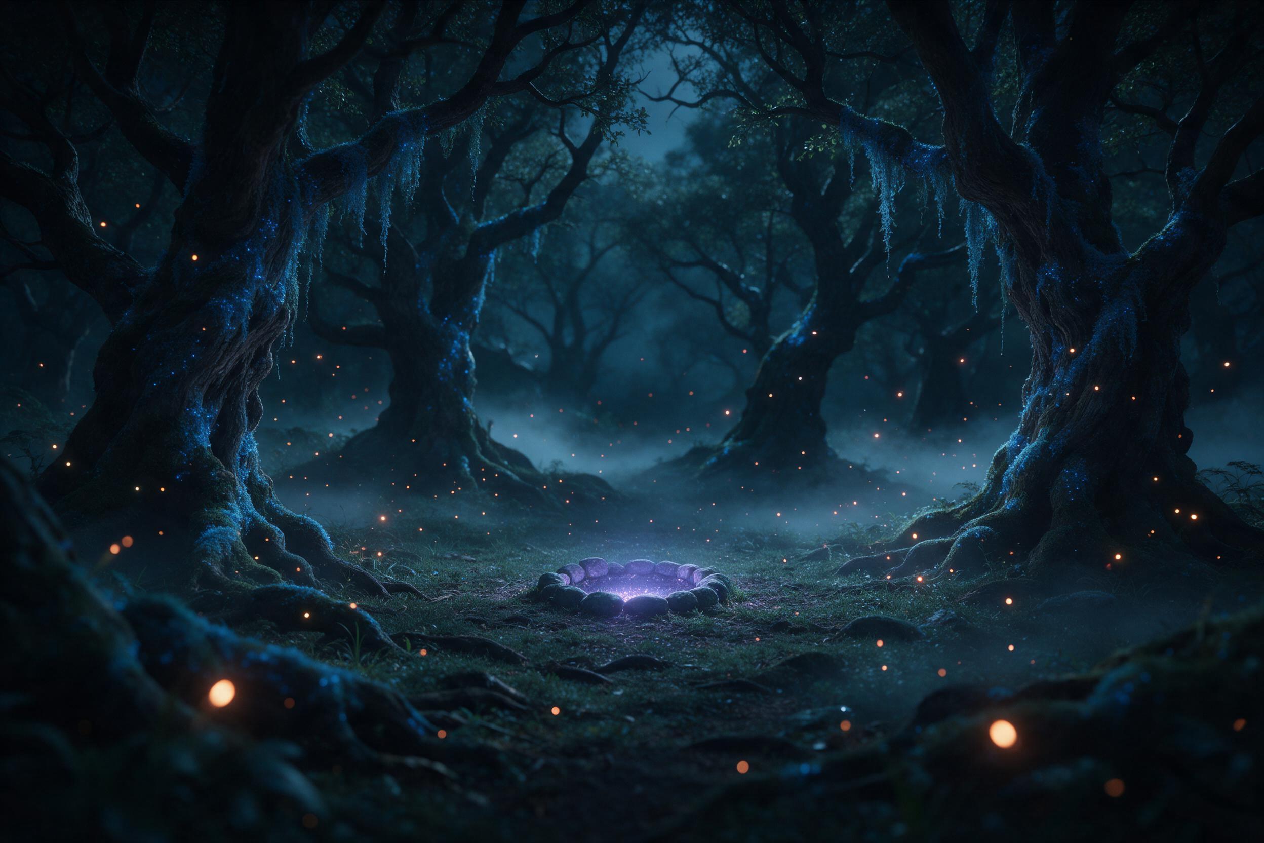 A moonlit forest clearing with ancient gnarled trees draped in glowing blue moss, a small stone ring emitting soft violet light at center. Fireflies float like embers, casting warm orange glows against cool teal shadows. Mist curls low between roots, veiling distant silhouettes. Shot on 85mm lens, f