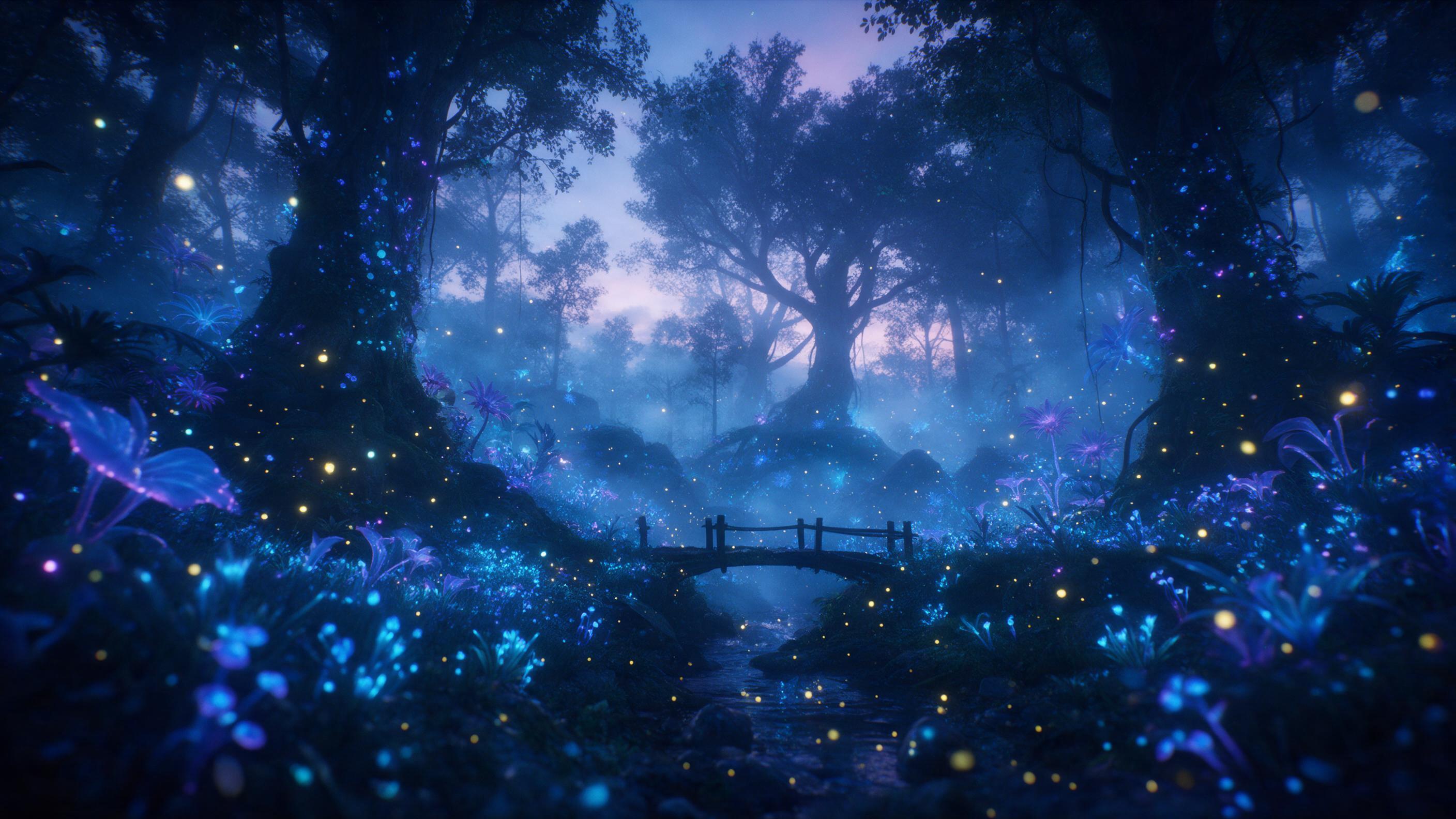 A luminous bioluminescent forest at twilight, glowing blue and purple flora, mist weaving through ancient trees, a small wooden bridge over a stream, fireflies adding warm orbs of light, soft diffused lighting, low angle perspective, ethereal atmosphere, dreamlike haze