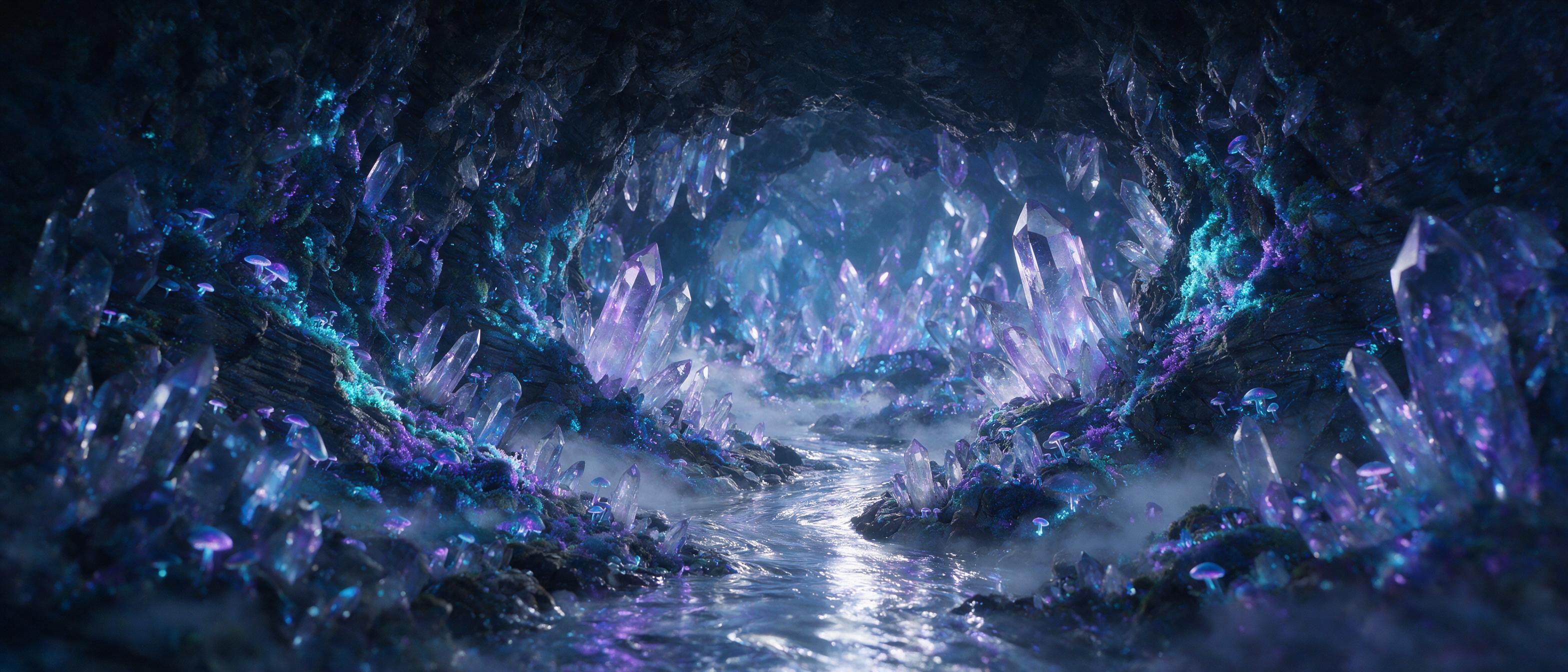 A glowing crystal cave deep underground, bioluminescent moss and fungi casting soft blue and purple light onto jagged quartz formations, a small stream of liquid silver winding through the center, subtle mist, ethereal atmosphere, cinematic composition