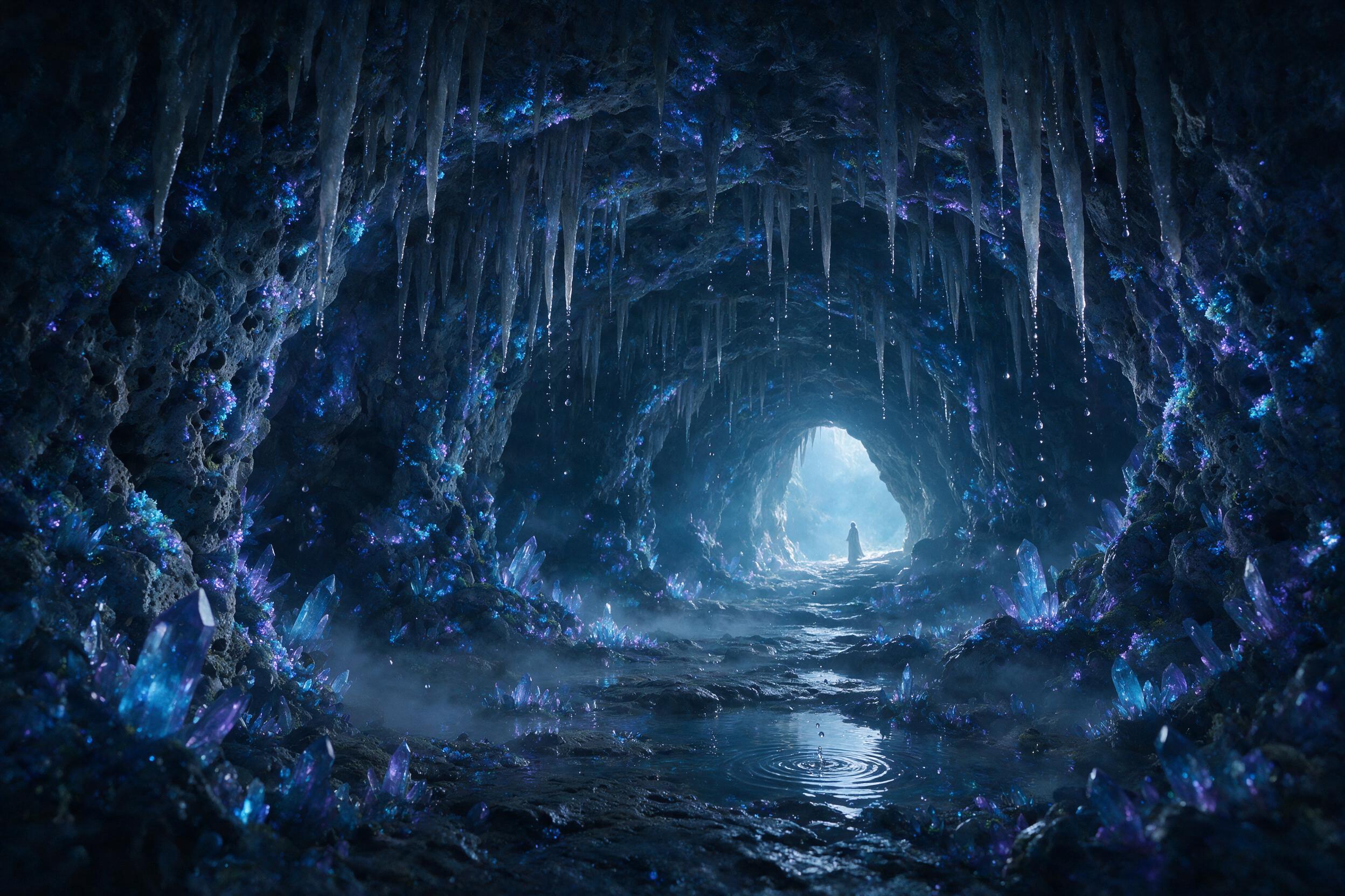 A glowing crystal cave deep underground, with bioluminescent moss covering the walls, stalactites dripping with shimmering water, soft blue and purple light casting gentle shadows, a single figure in a flowing robe stands at the cave entrance, misty atmosphere, slightly underexposed for mood