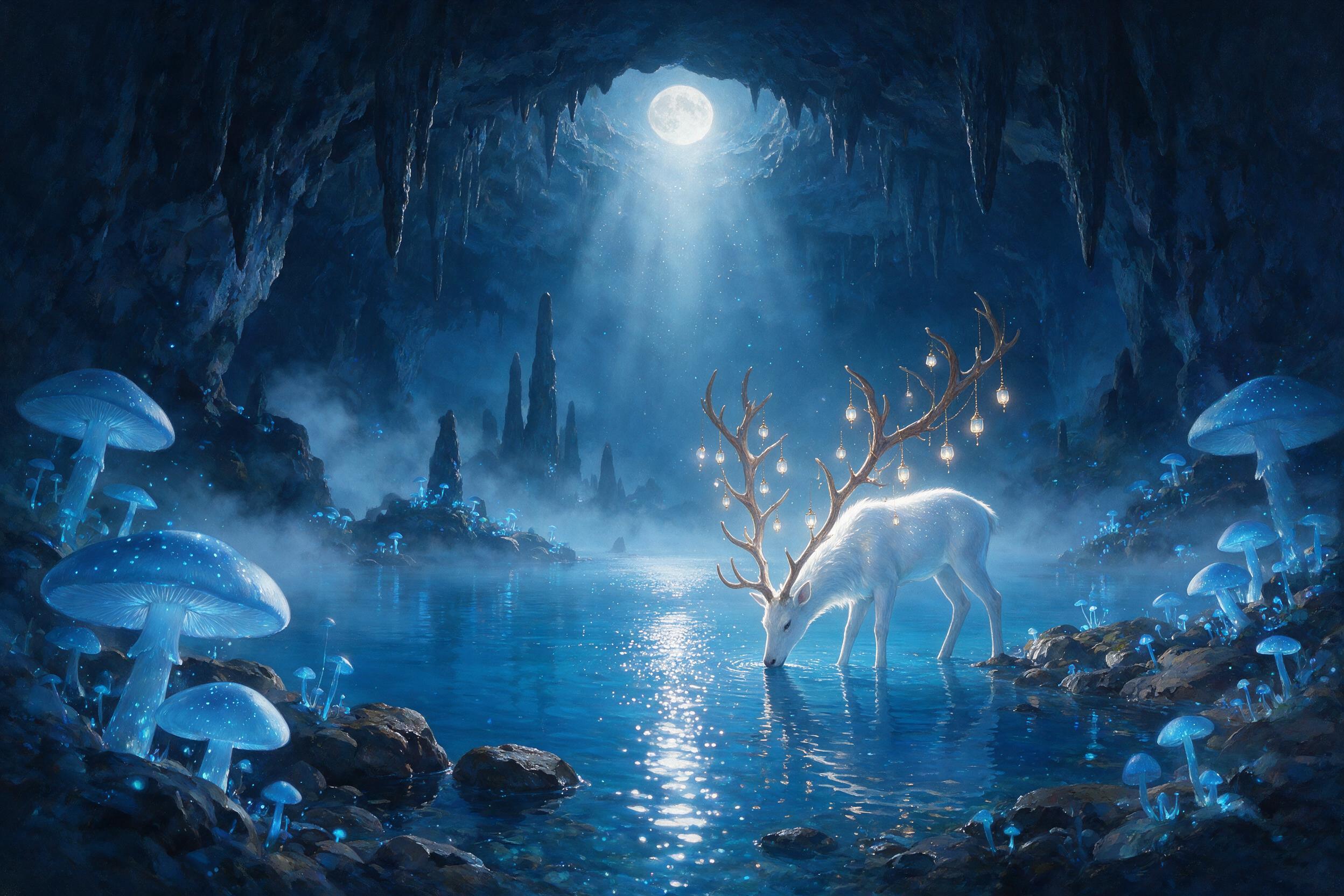 A moonlit crystal lake within a vast cavern, glowing blue mushrooms lining the rocky shore, a lone white stag drinking at the water's edge, its antlers adorned with tiny hanging lanterns, soft mist rising, cool blue and silver color palette, painted in a dreamlike fantasy style with ethereal lightin