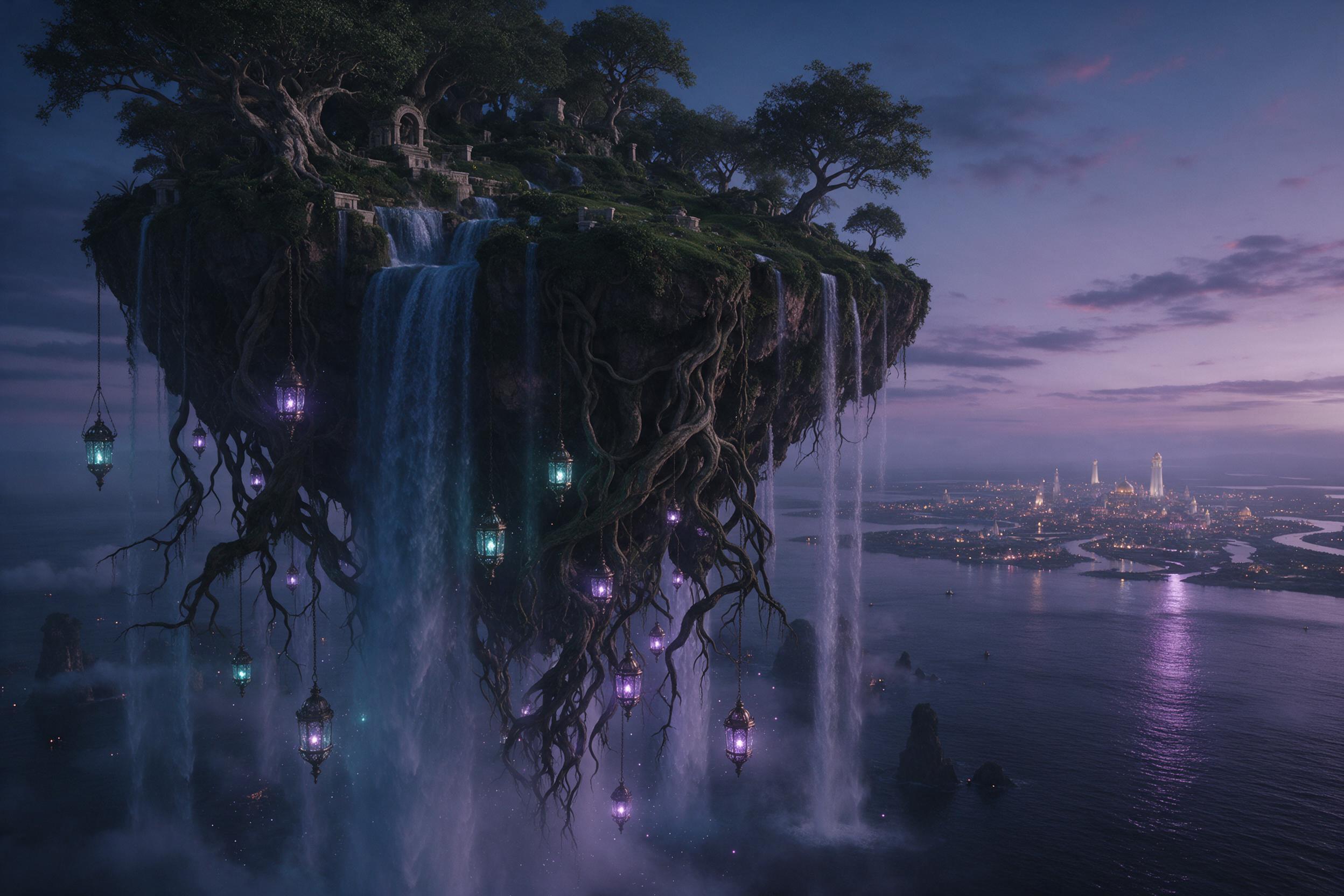 An ancient floating island above a twilight sea, crystal lanterns suspended from twisted roots, floating waterfalls feeding the ocean below, soft purple and teal glow, misty atmosphere, distant glowing city on the horizon, cinematic wide shot