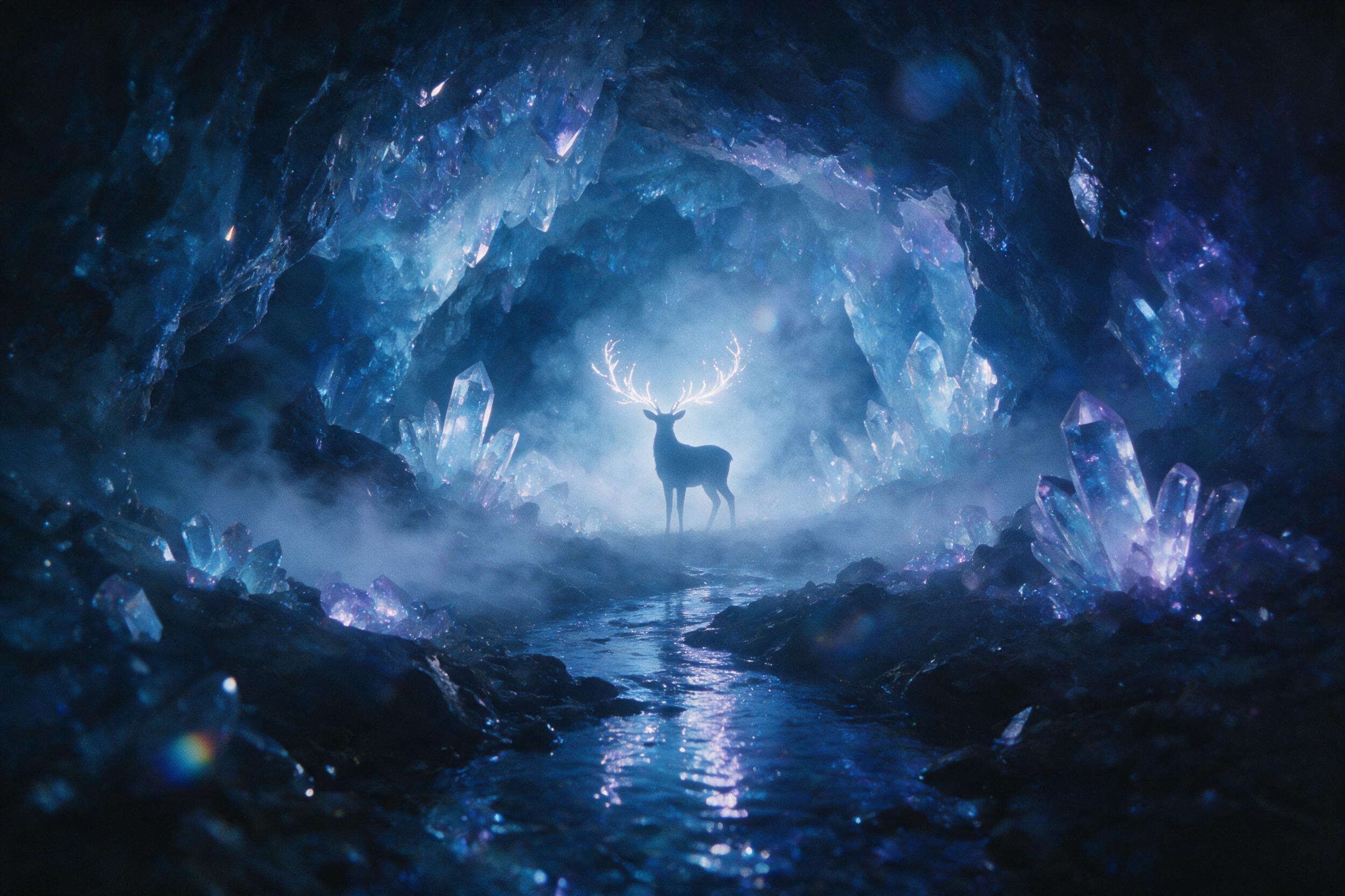 A luminous crystal cave glowing with soft blue and violet light, a small stream reflecting the crystals, ethereal mist swirling, a silhouette of a deer with antlers made of light, moody atmosphere, cinematic lighting, deep shadows, subtle lens flare, 35mm film look