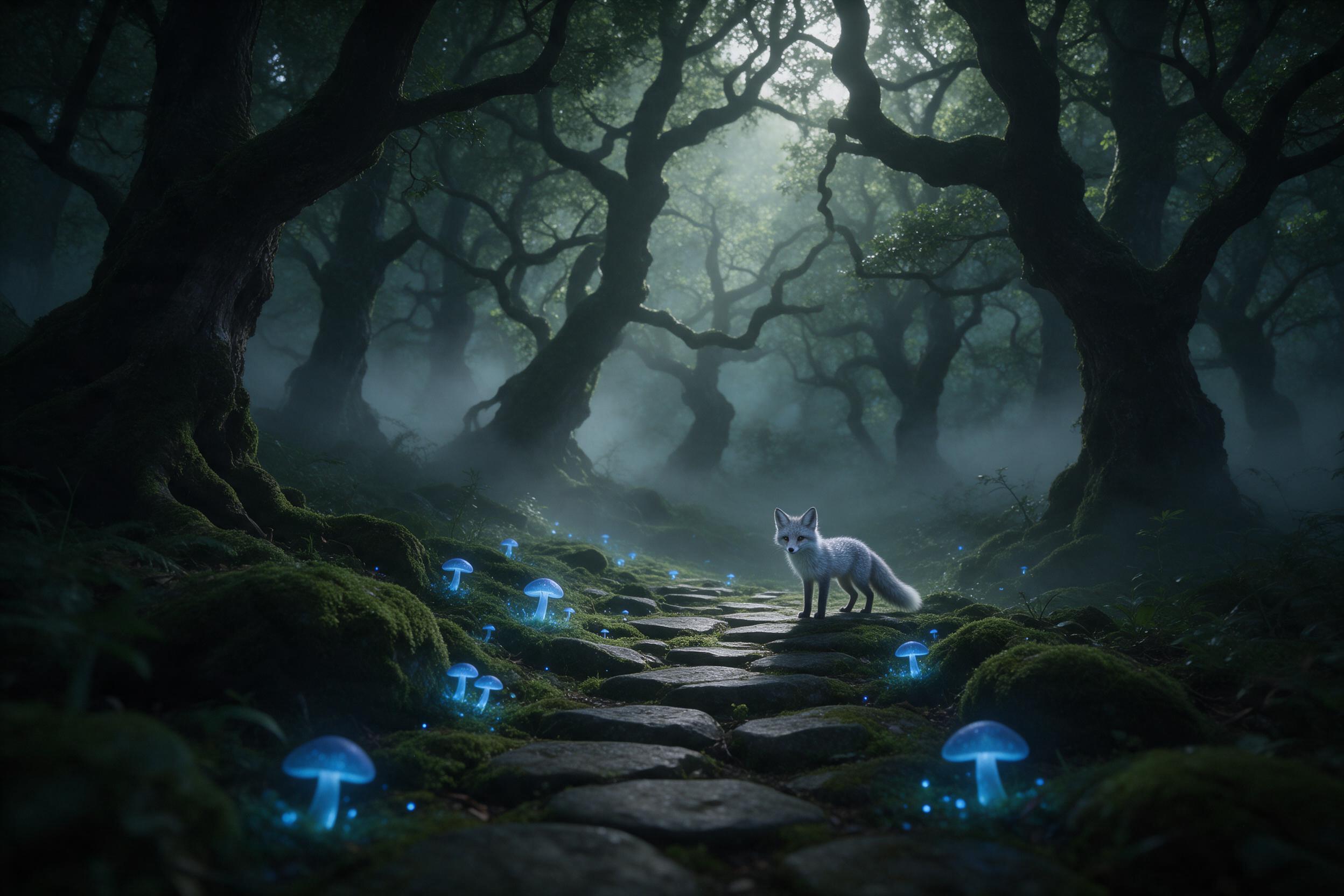 A misty ancient forest at twilight, bioluminescent blue mushrooms glowing along a mossy stone path, a tiny fox with silver fur standing alert, fog weaving between gnarled trees, soft diffused moonlight piercing canopy, gentle volumetric rays, ethereal atmosphere, shallow depth of field, muted greens