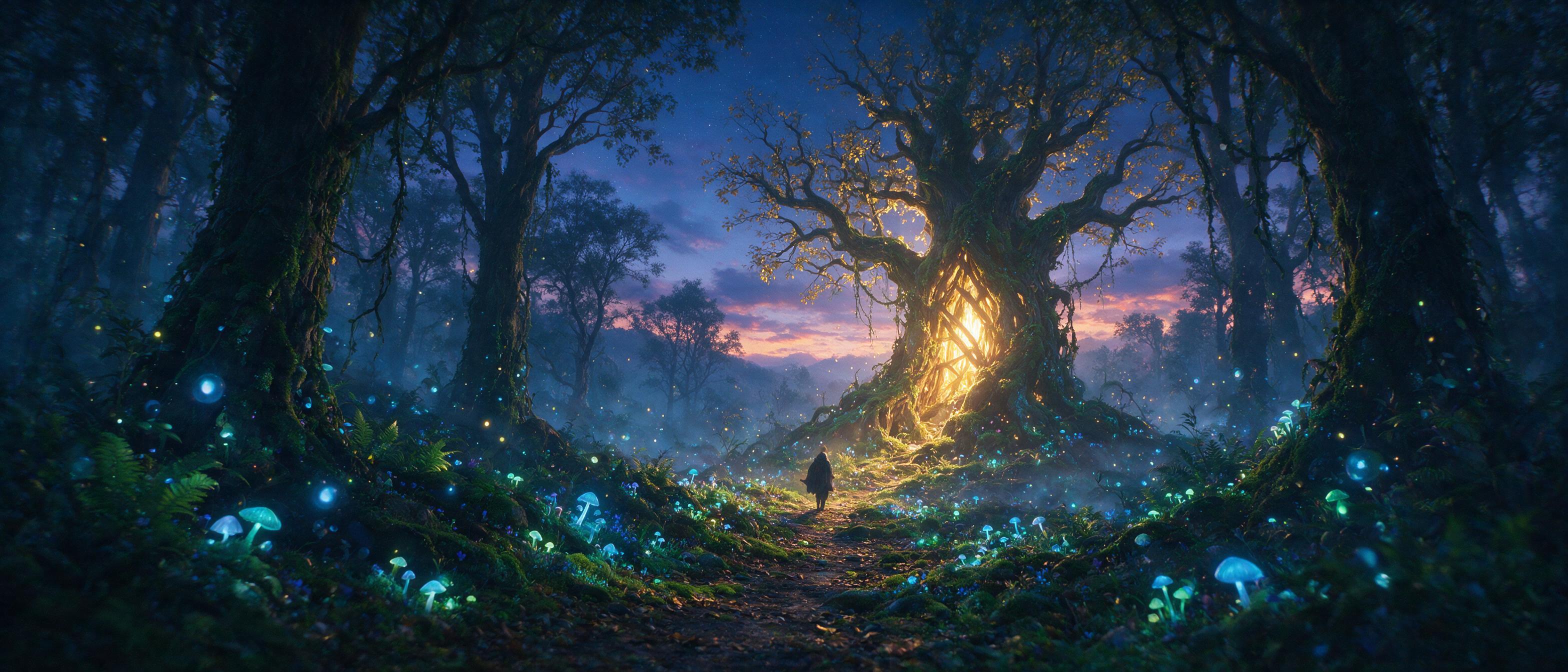 A mystical forest at twilight, bioluminescent mushrooms and floating blue orbs lighting the path, a lone figure in a cloak walking toward a glowing ancient tree, soft mist, ethereal atmosphere, warm golden light from the tree, cool blue shadows, slight camera shake, natural grain, cinematic composit