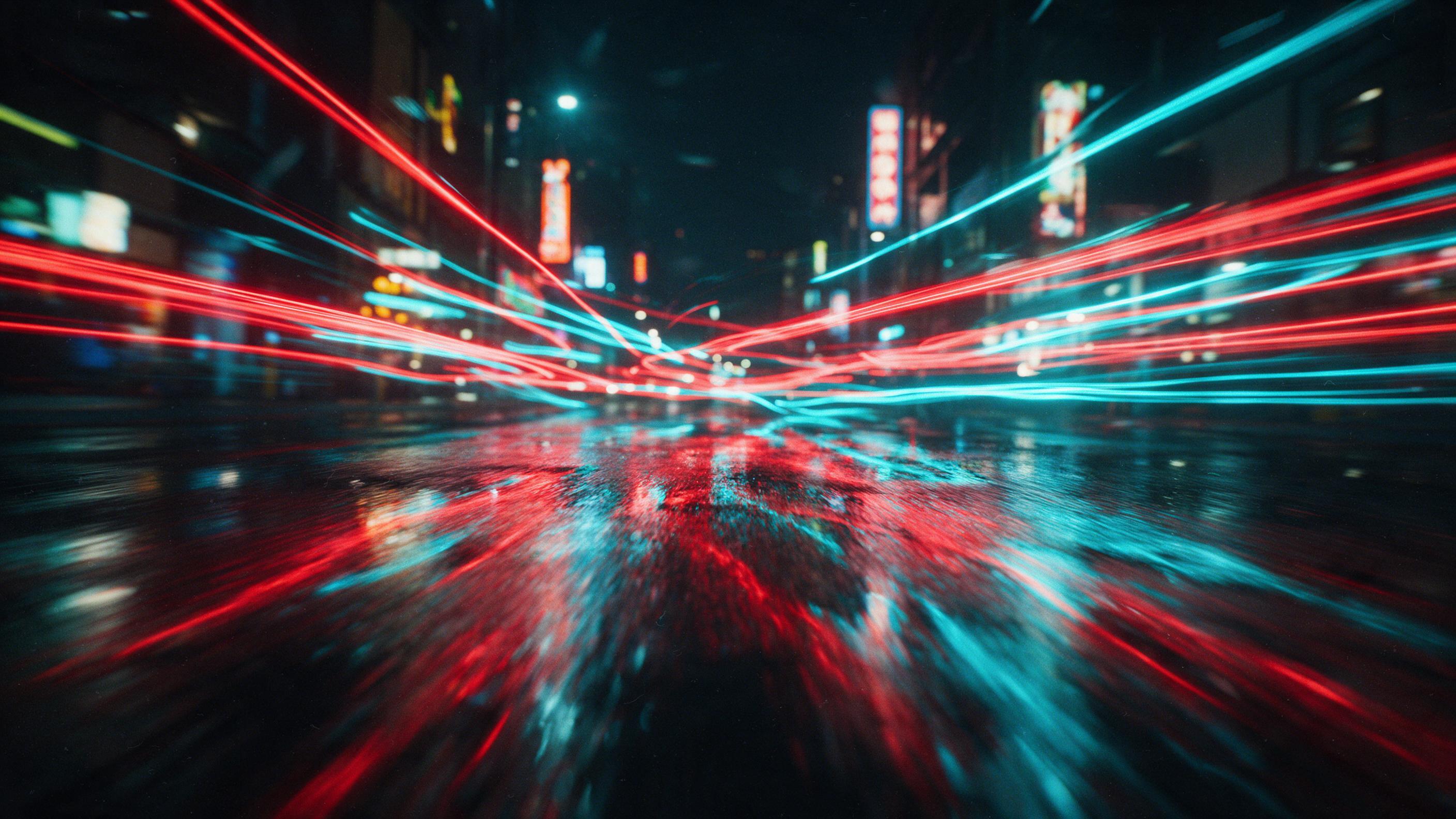 Slow shutter long exposure capturing light trails from passing cars on a rain-slicked city street at night, reflections smearing into vibrant ribbons of red and cyan across wet asphalt, blurred neon signs in the background, slight intentional motion blur and fine film grain, low angle composition le