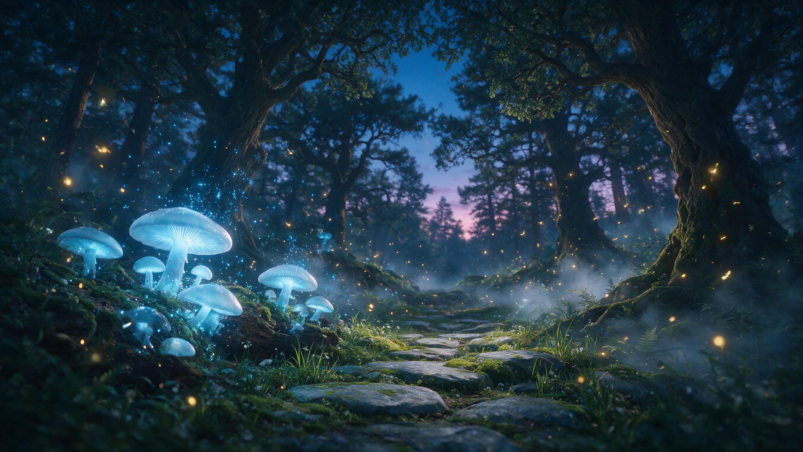 Enchanted forest at twilight, massive glowing mushrooms with bioluminescent blue spores, a winding path of moss-covered stones, fireflies floating in warm amber light, soft mist clinging to ancient tree roots, ethereal and dreamy atmosphere, slight camera movement for magical feel